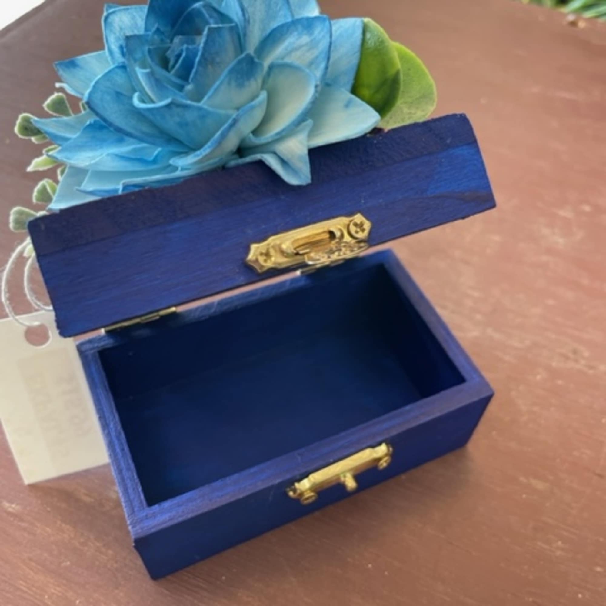 Small blue hand-painted jewelry/gift box with light blue, purple, and cream sola