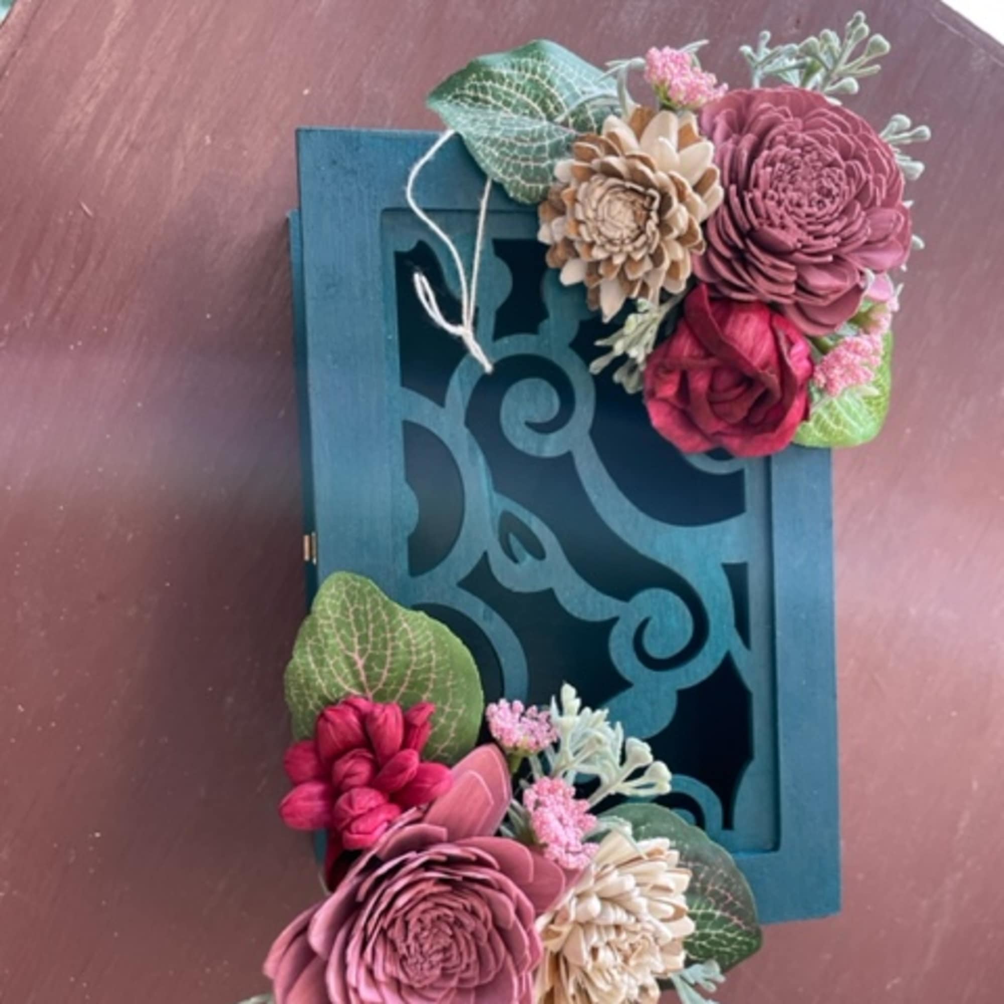 Large hand-painted decorated wooden gift/jewelry box with mauve, natural, and pink sola Large hand-painted decorated wooden gift/jewelry box with mauve, natural, and pink sola