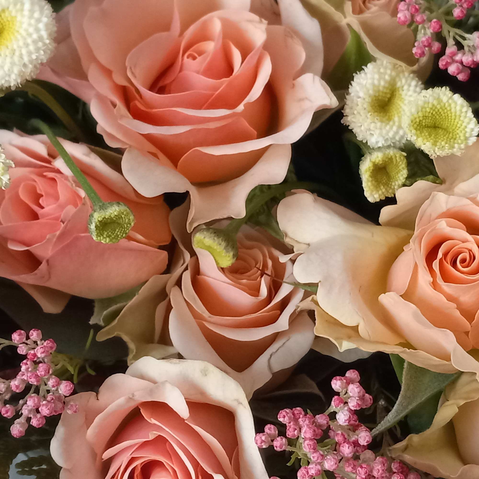 Burgundy lisianthus, and peach spray roses,  all pair organically with assorted