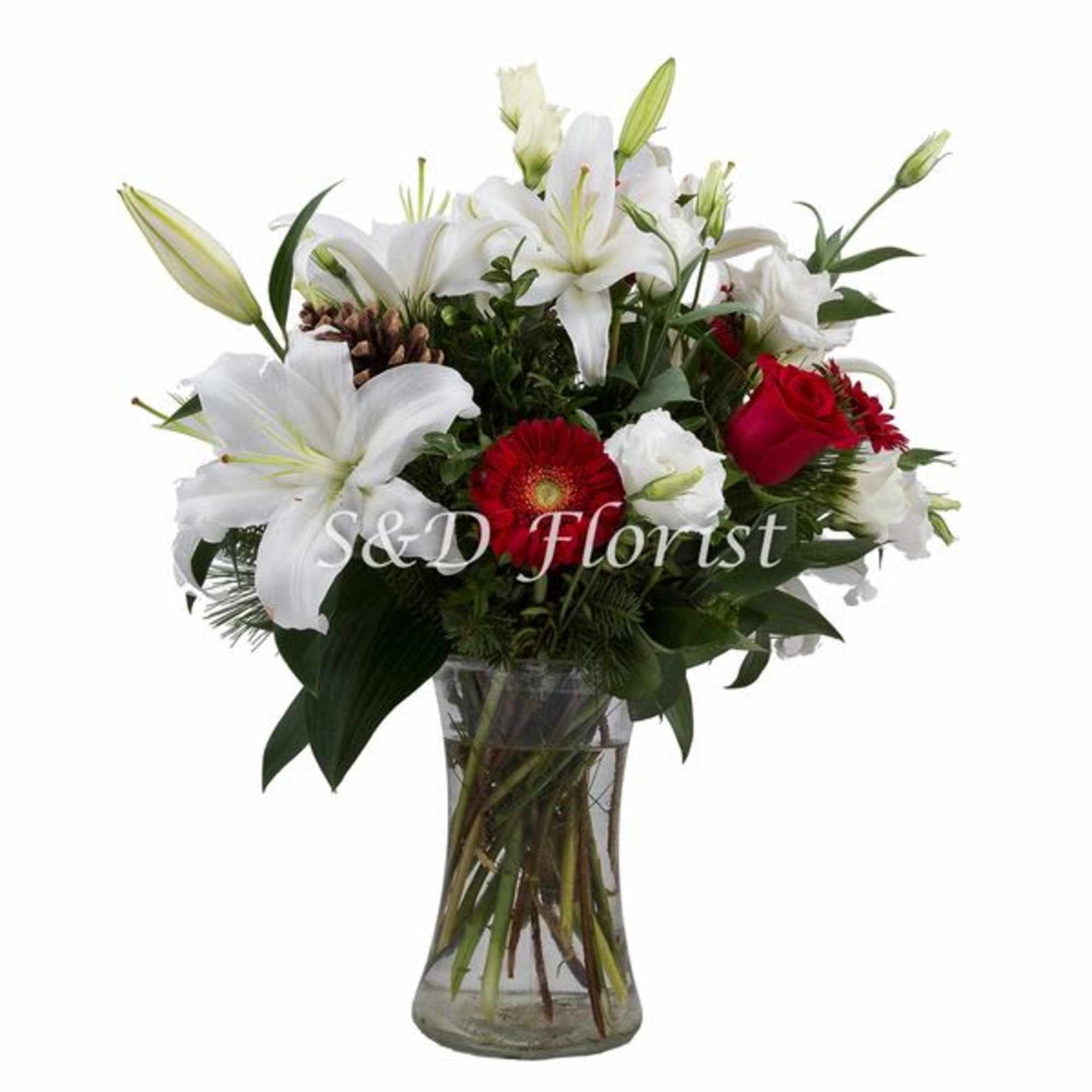 In a 8&quot; gathering vase with white lilies, white lisianthus, red gerbera