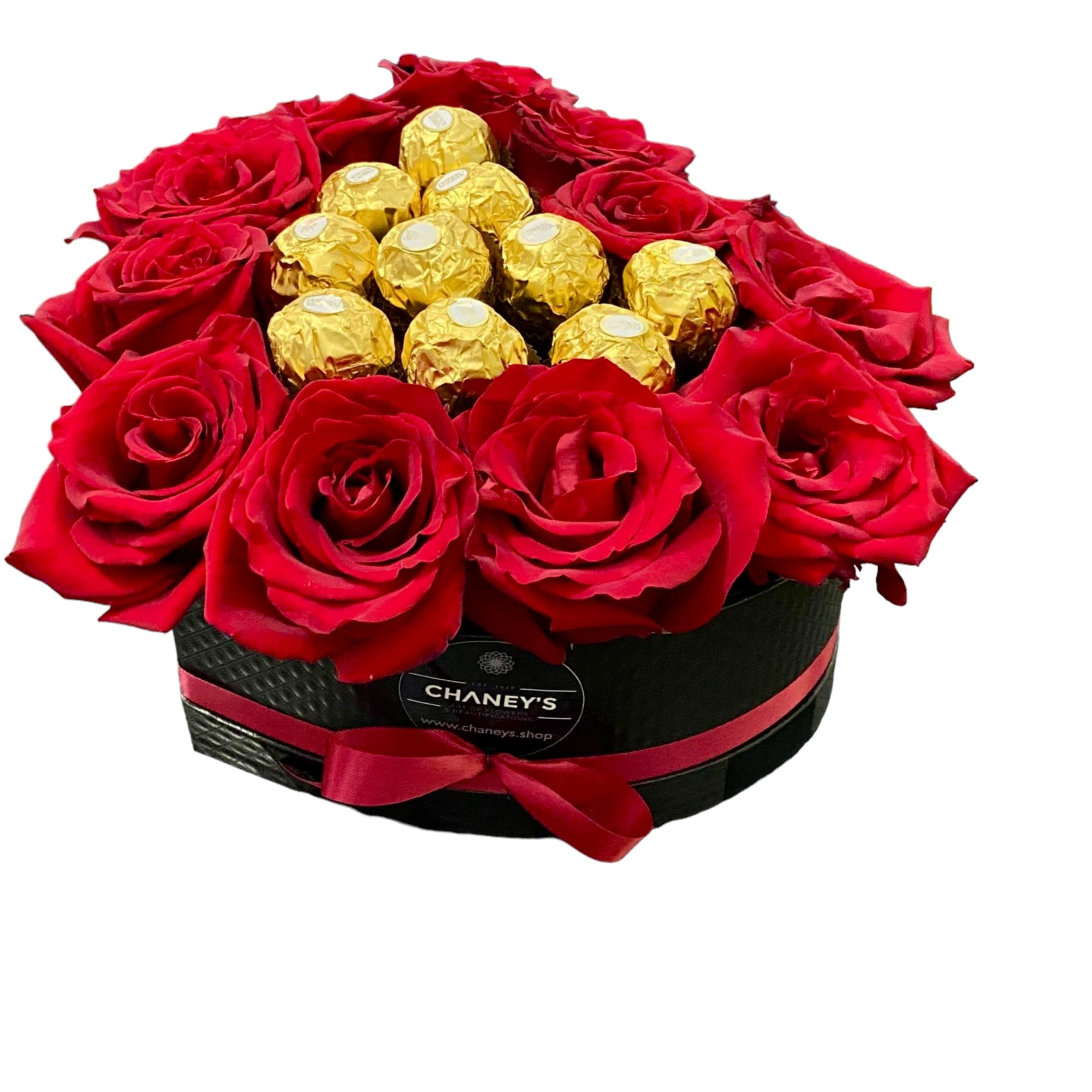 Nicely designed heart of 11 roses along with 10 counts of Ferrero