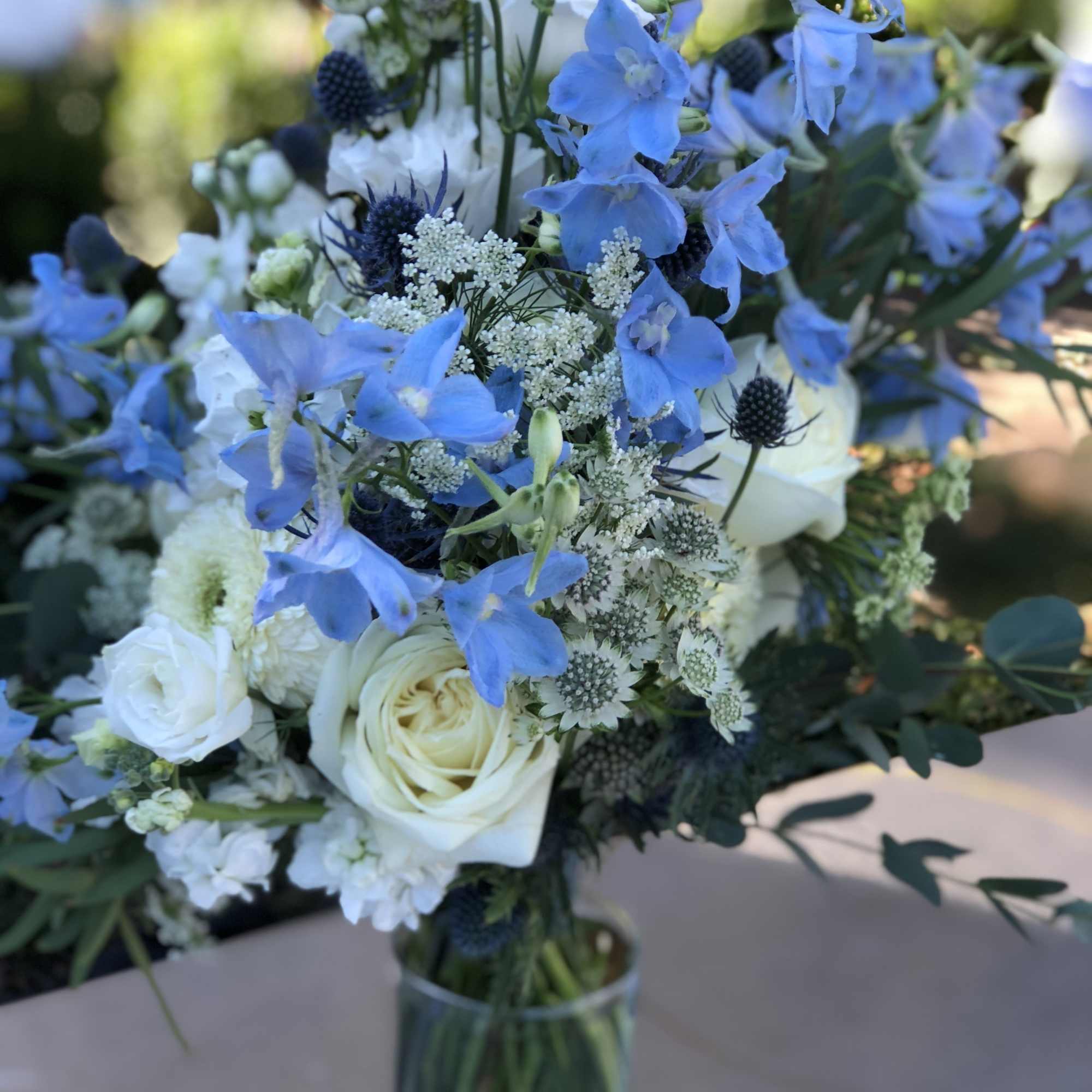 This classic blue and white bouquet is as elegant as it is
