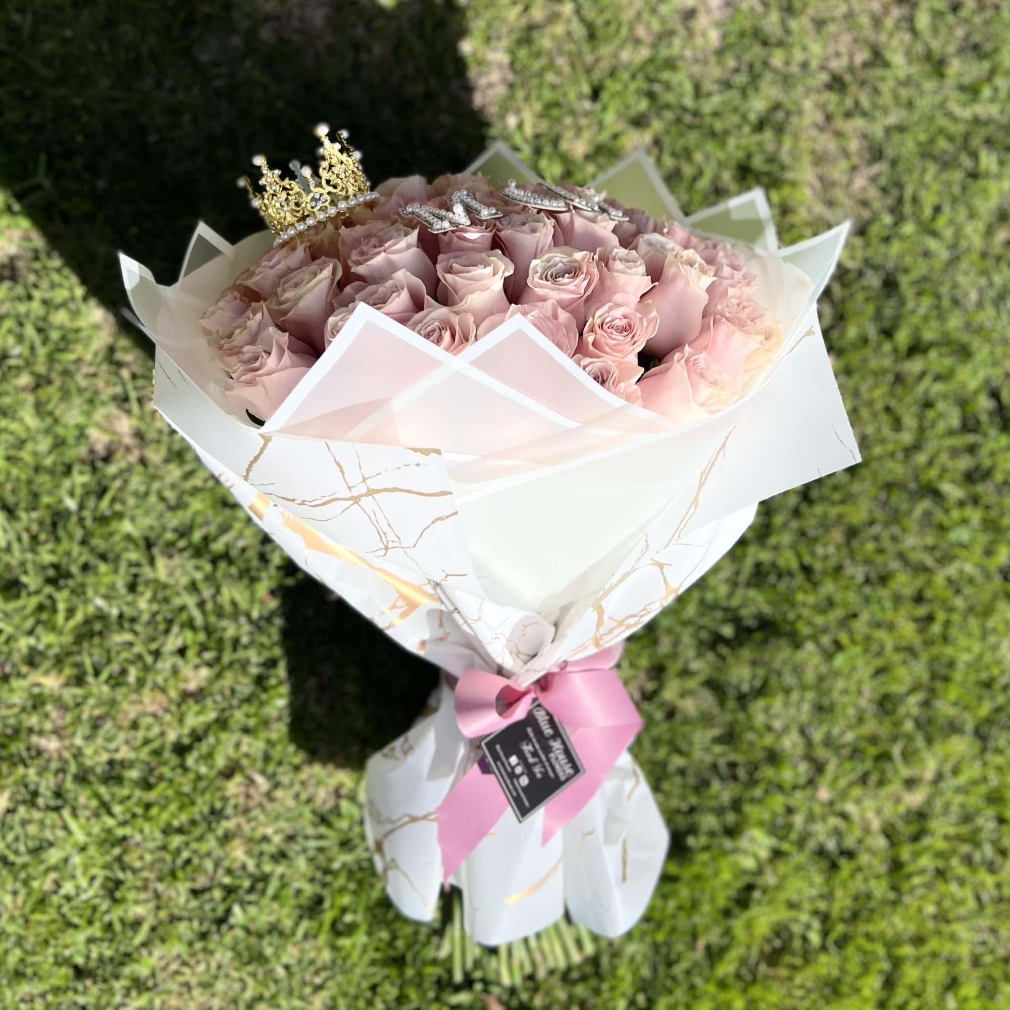 50 Pink Roses Bouquet, Wrapped White Paper
