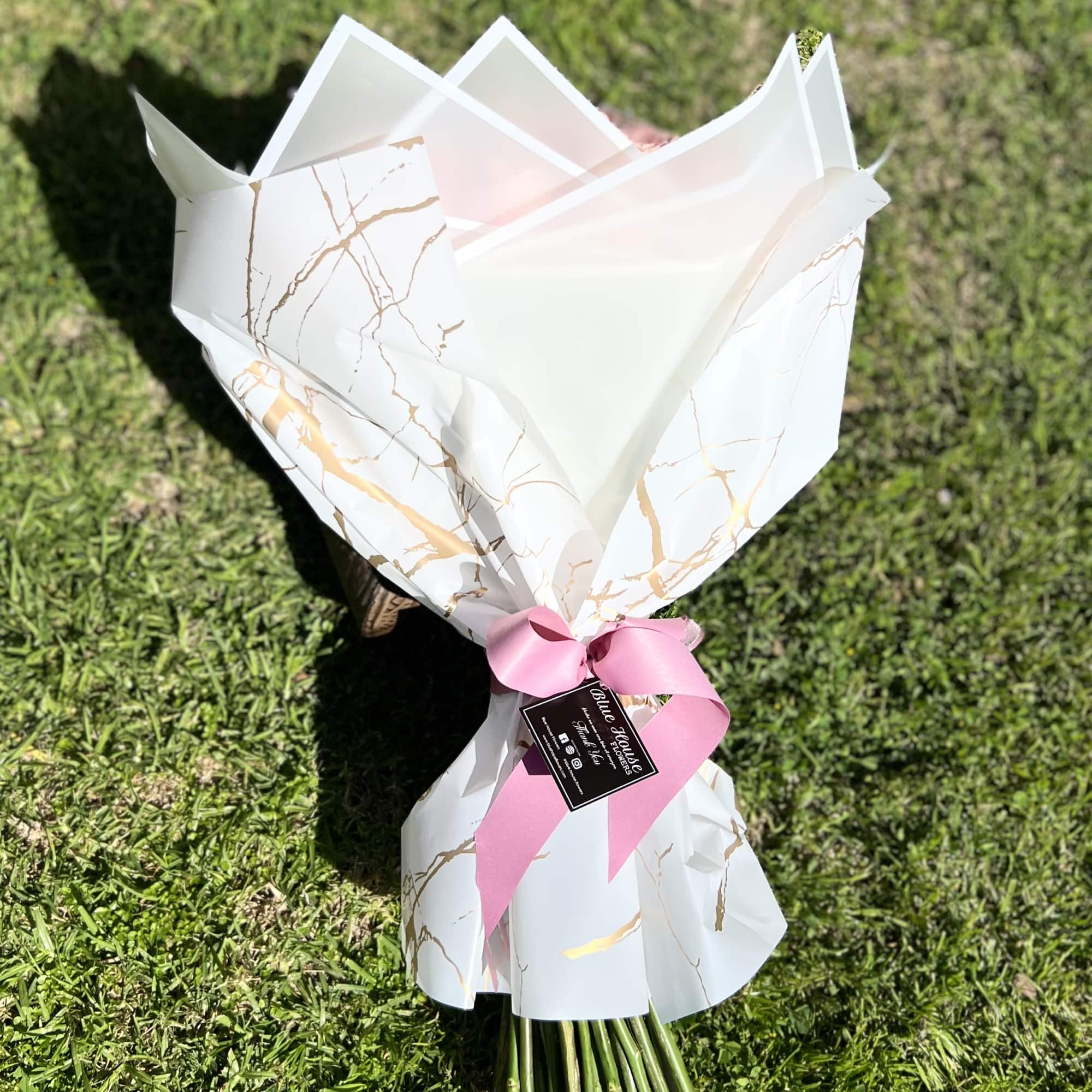 50 Pink Roses Bouquet, Wrapped White Paper