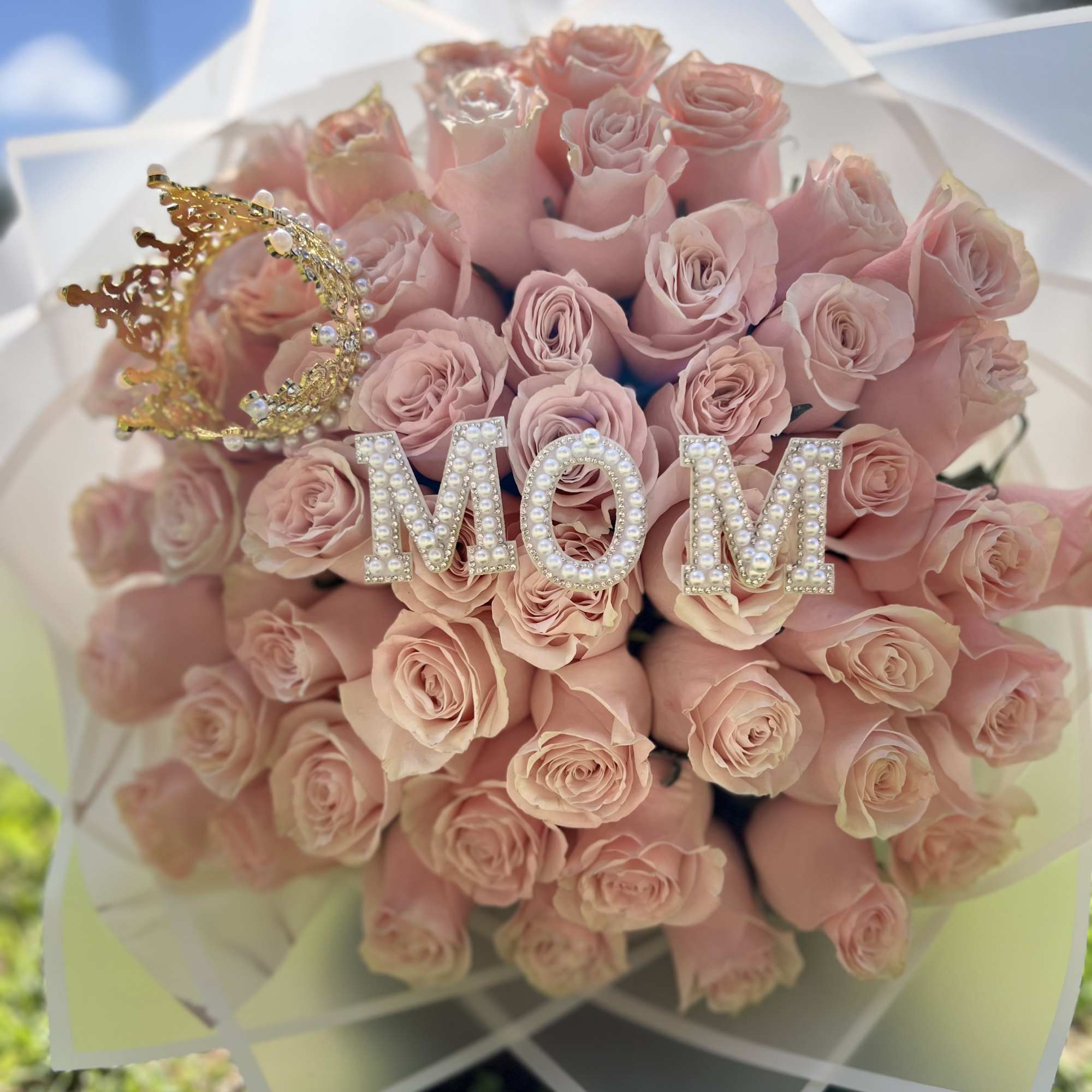 50 Pink Roses Bouquet, Wrapped White Paper