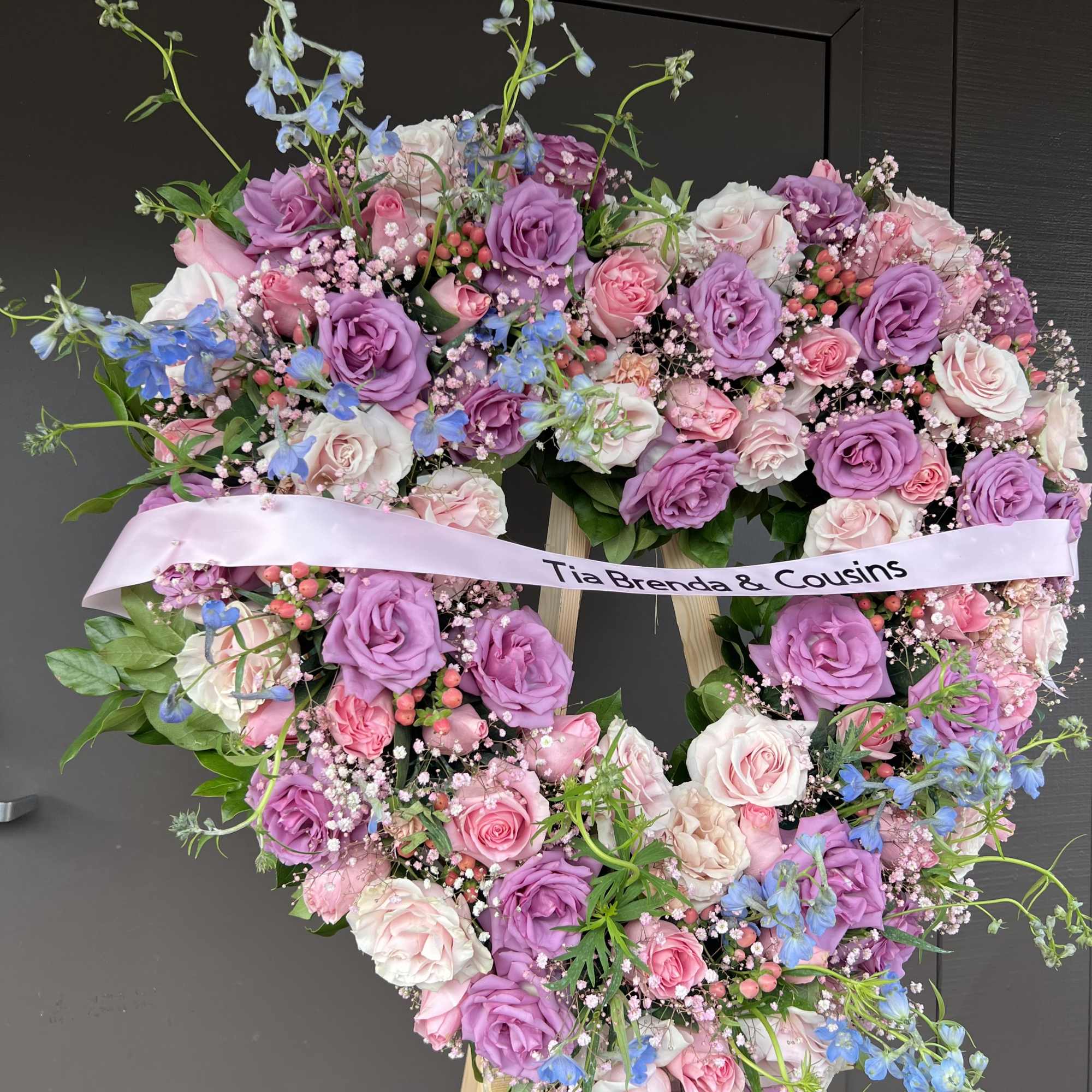 Open Heart 36&quot; aprox, lavender and pink flowers, with Stand and Ribbon.