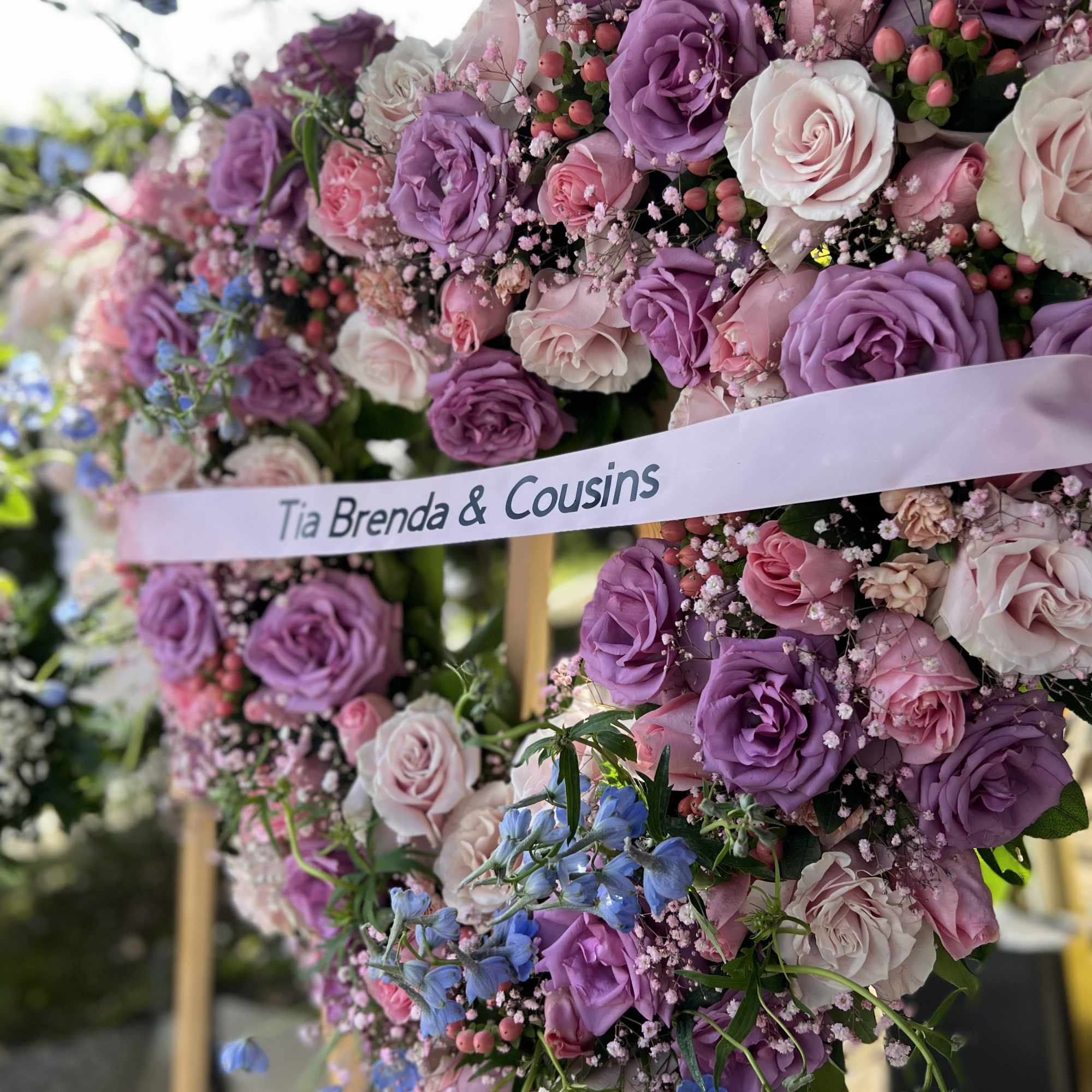 Open Heart 36&quot; aprox, lavender and pink flowers, with Stand and Ribbon.