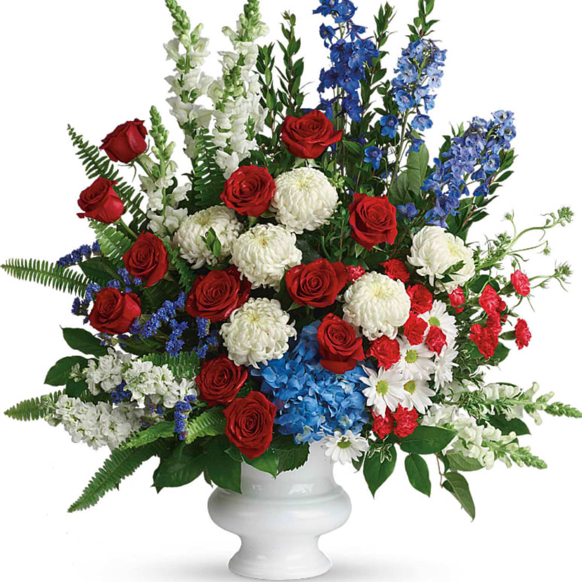 A dazzling display of patriotic red, white and blue flowers sends a A dazzling display of patriotic red, white and blue flowers sends a