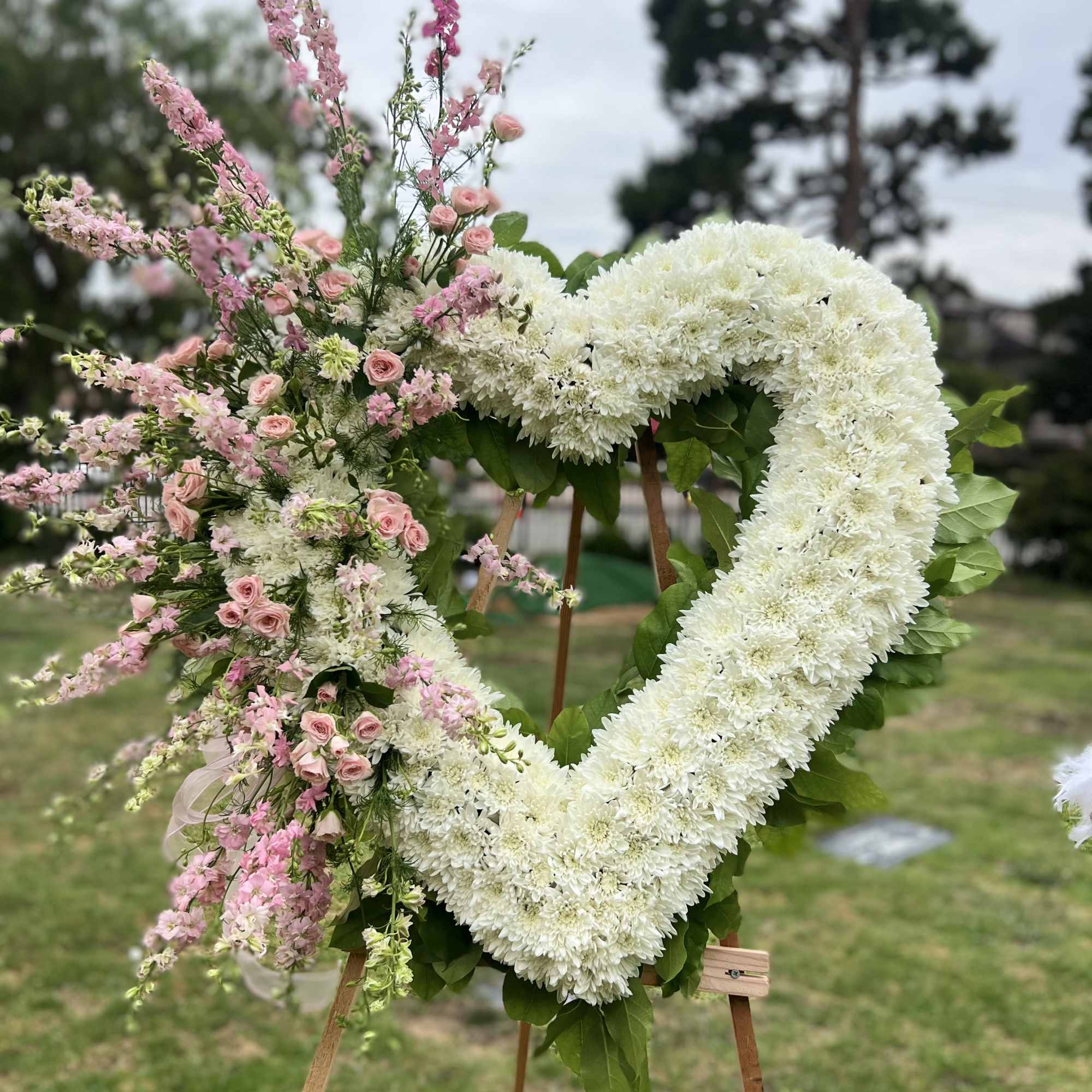 White Open Heart with Pink Flowers Side. 28&quot; Approx.