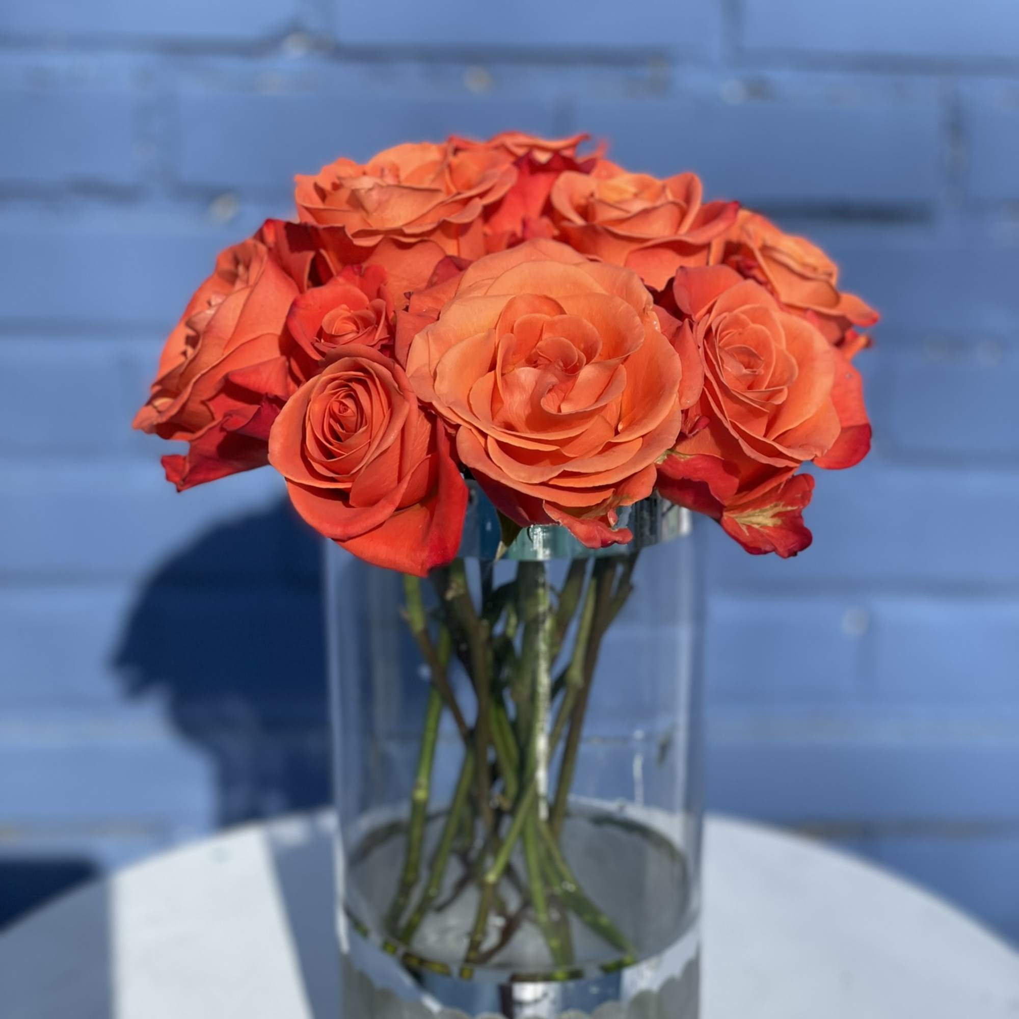 13 long stem Orange roses with an smooth, elegant tangerine center arranged