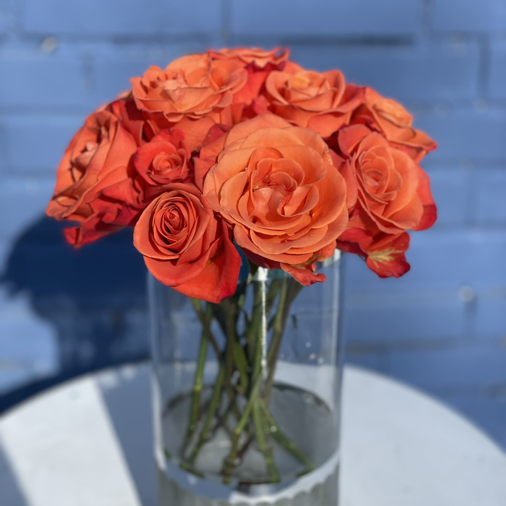 13 long stem Orange roses with an smooth, elegant tangerine center arranged