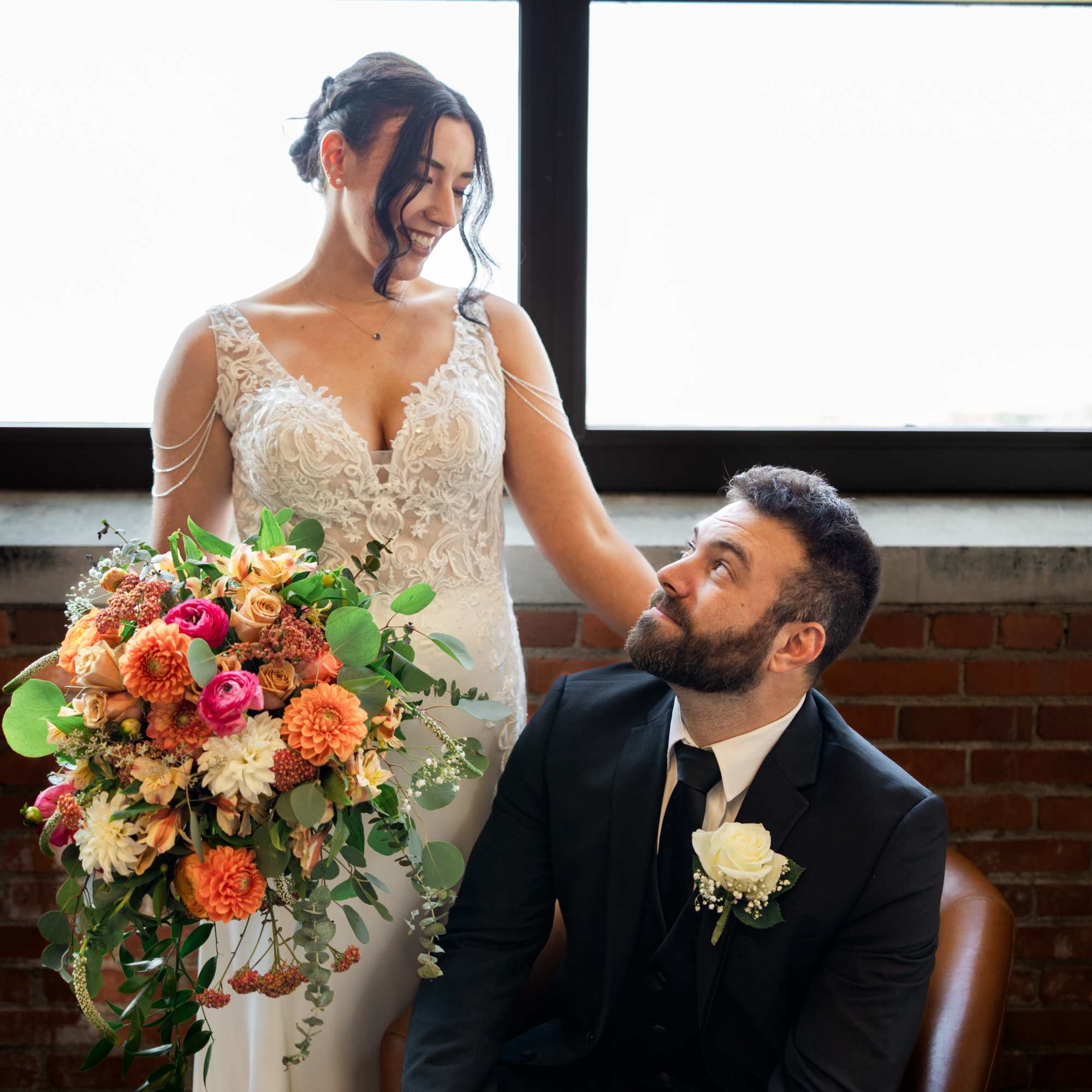 Beautiful fall colors mixed Vintage/ boho cascade with Dahlias, ranunculus's, roses and