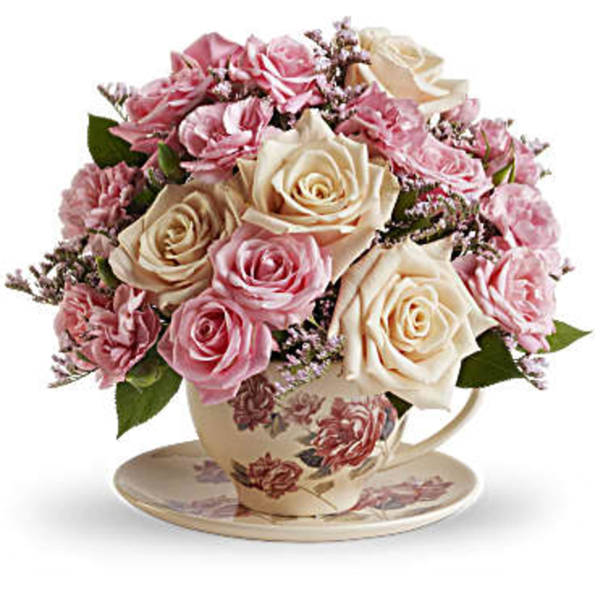 Cr&egrave;me roses, pink spray roses, pink miniature carnations and delicate pink limonium