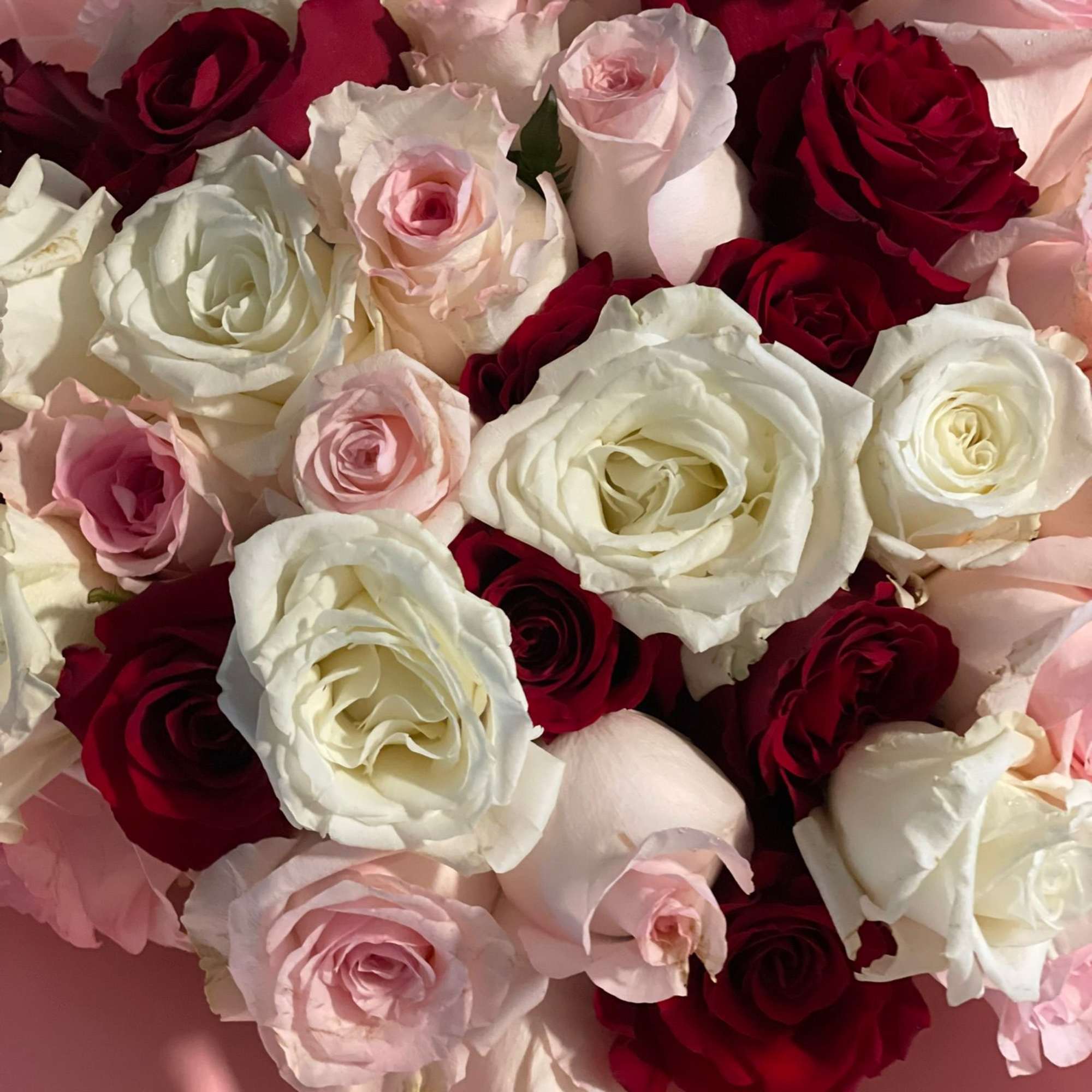 Very popular Buchon bouquet with red and pink, and white roses, Ferrero