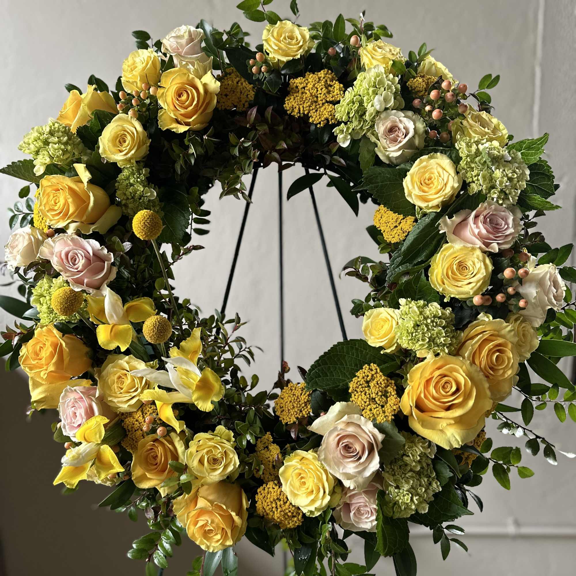 Garden styled wreath for the loss of a loved one.
 Available in