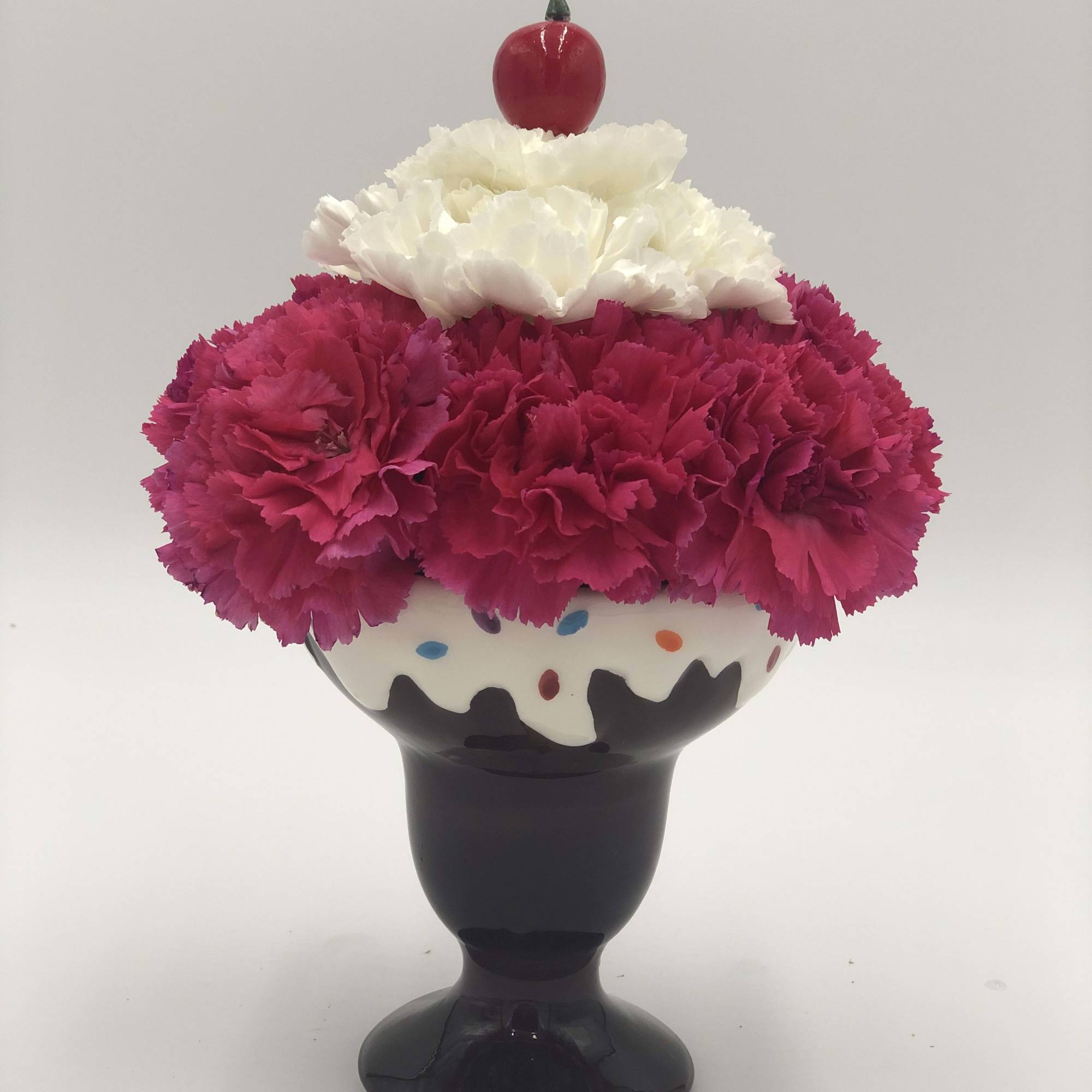 Calorie free sundae! Made of fresh carnations with a cherry on top.