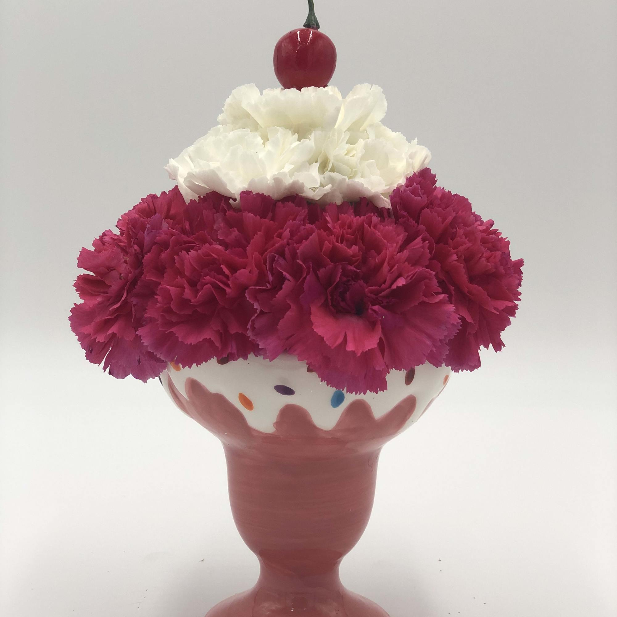 Calorie free sundae! Made of fresh carnations with a cherry on top.