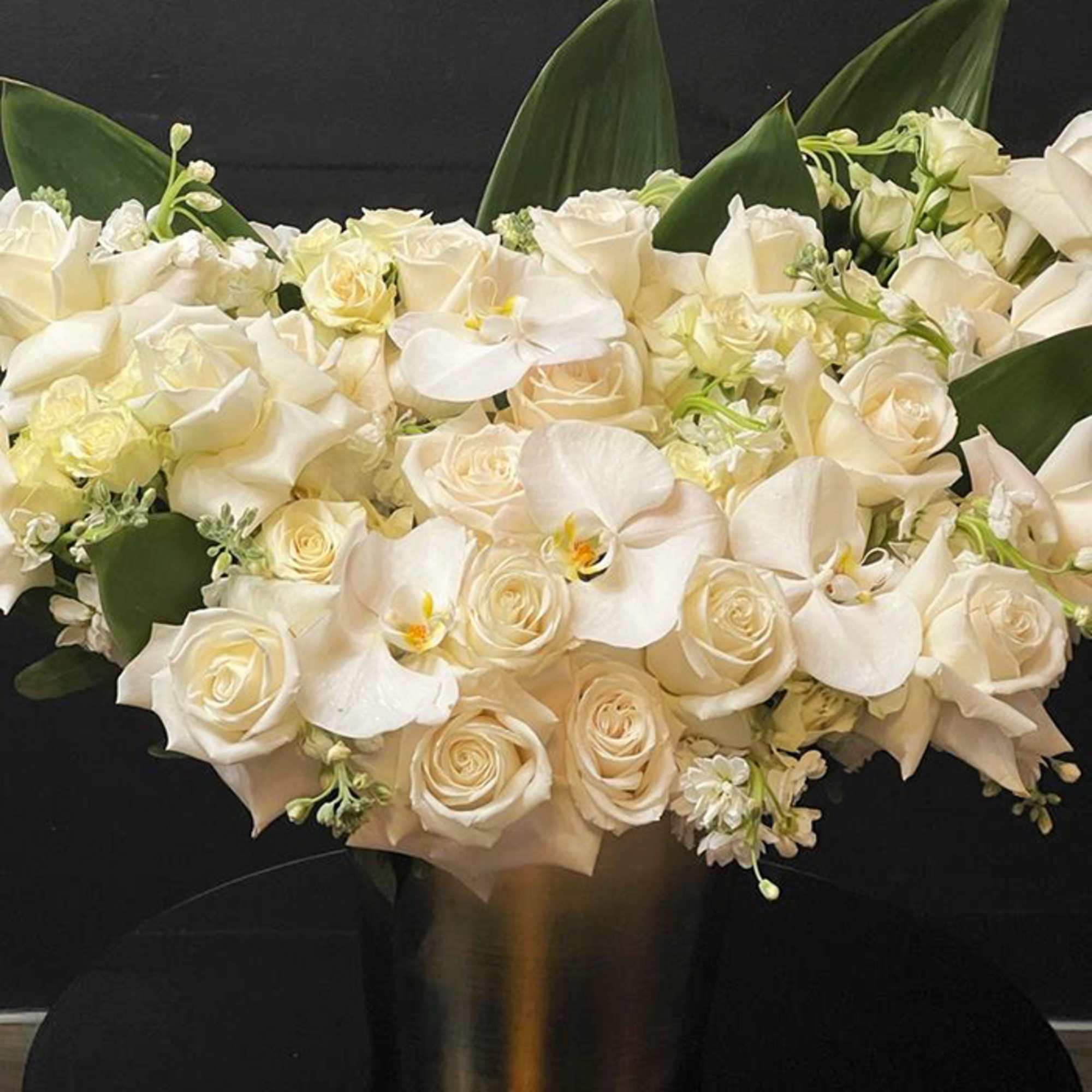 25 White Roses, Orchids, Mini Roses, Taily Leaves, Golden Base