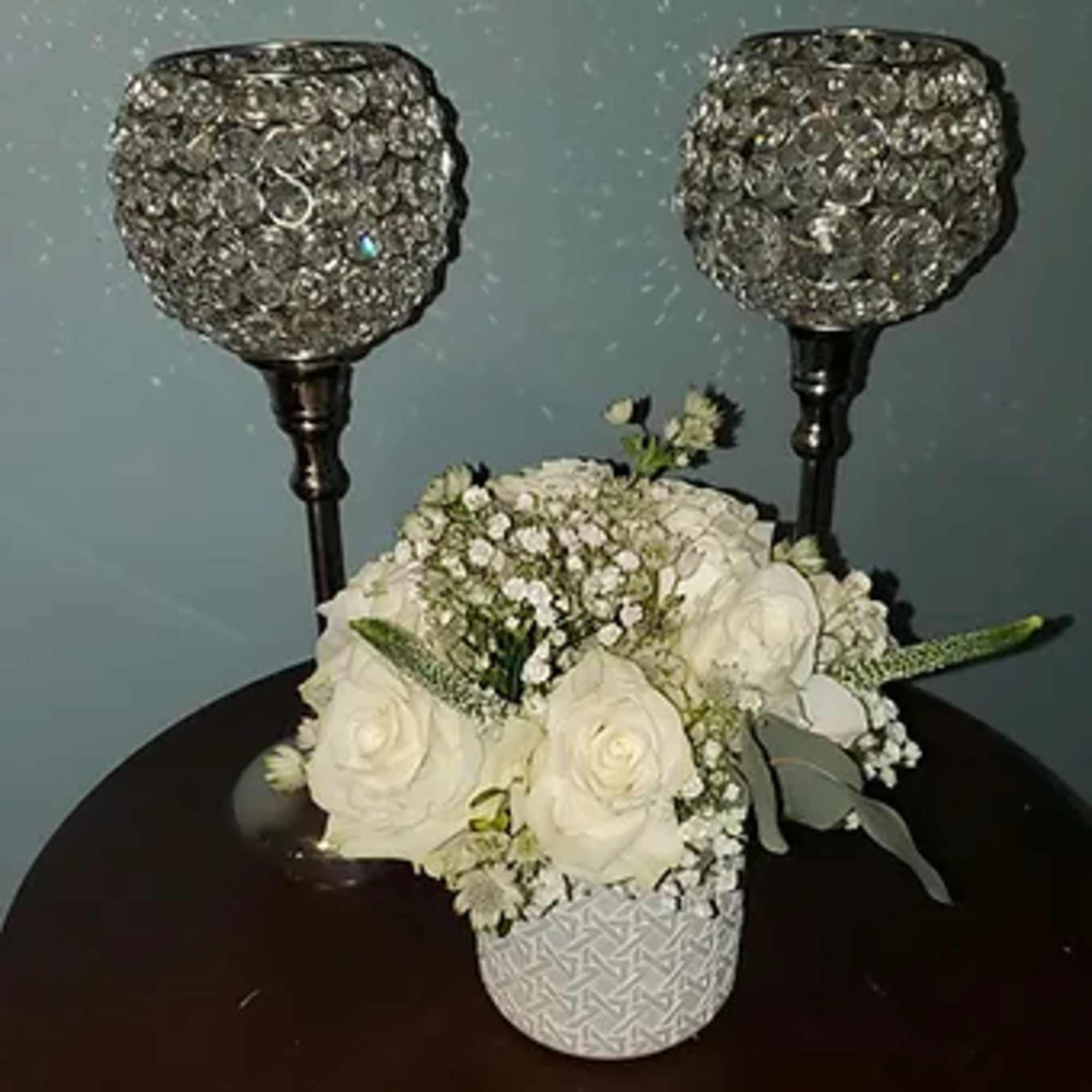 Petit designer arrangement, &nbsp;premium white rose, silver dollar euc, veronica, astrantia and