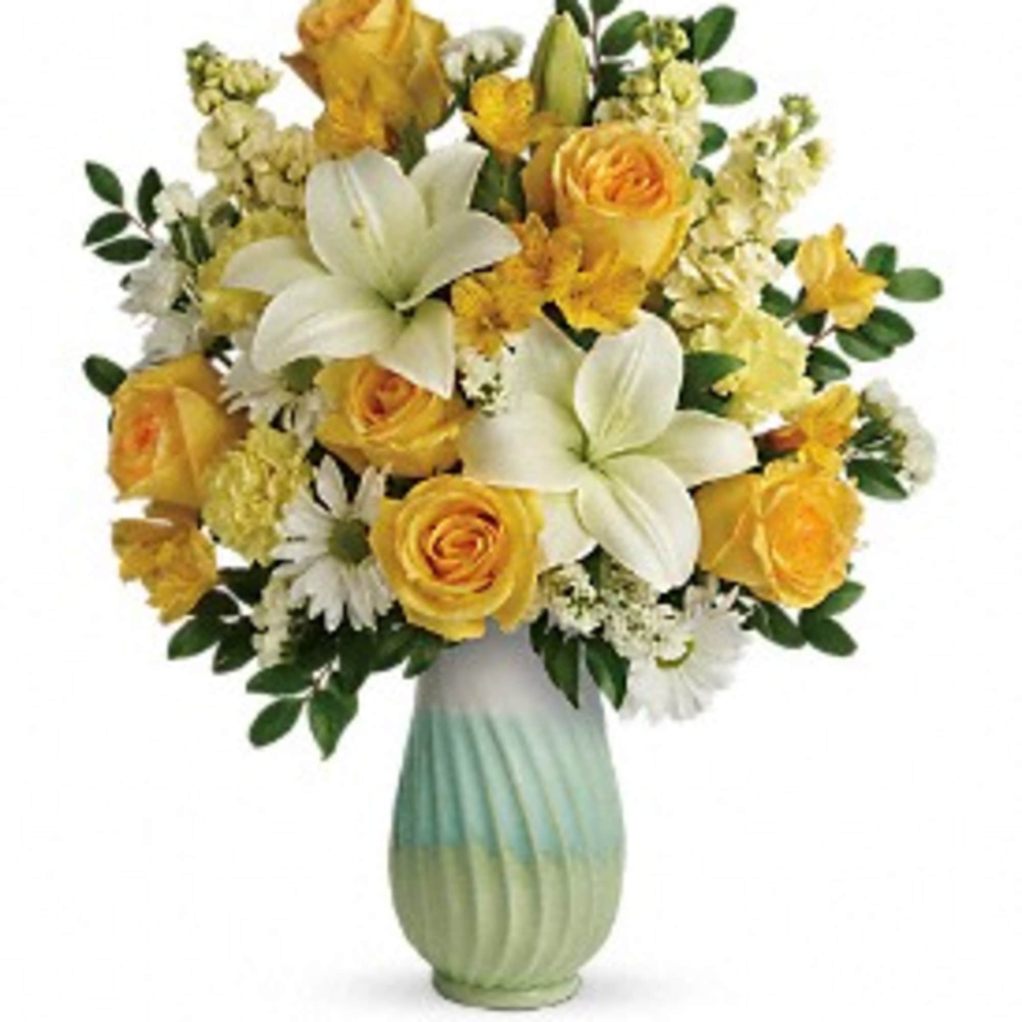Nothing says spring like this artistic gift, pairing a sunny yellow bouquet Nothing says spring like this artistic gift, pairing a sunny yellow bouquet