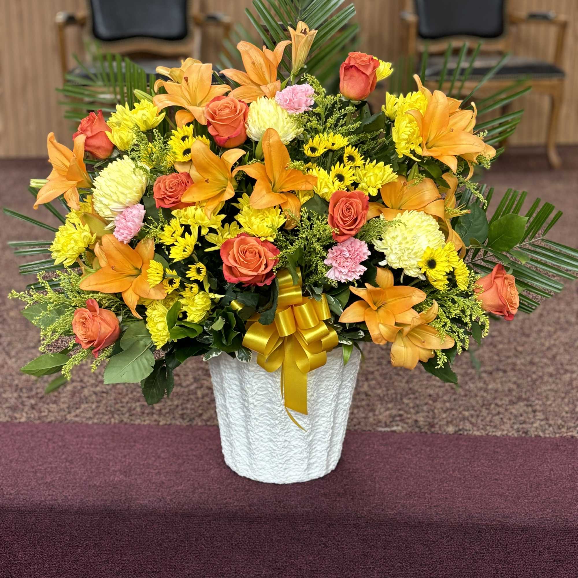 Statice Purple		STEM	3
Solidago		STEM	11
Viking Pom Yellow		STEM	8
Spider Mum Yellow, Leather Leaf,	Asiatic Lily Orange, Carnation Hot Statice Purple		STEM	3
Solidago		STEM	11
Viking Pom Yellow		STEM	8
Spider Mum Yellow, Leather Leaf,	Asiatic Lily Orange, Carnation Hot