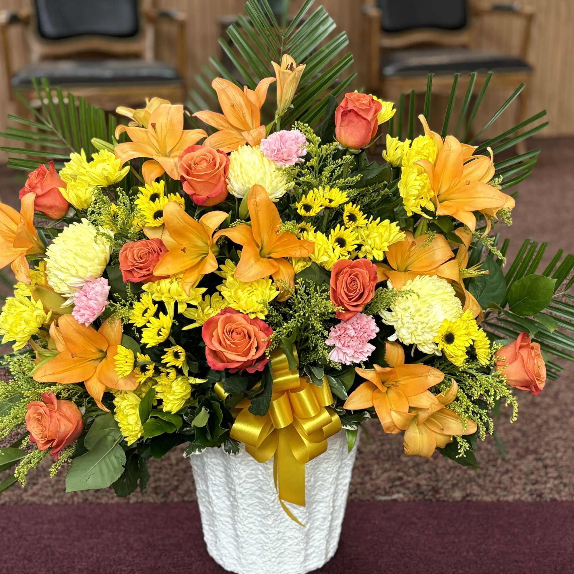 Statice Purple		STEM	3
Solidago		STEM	11
Viking Pom Yellow		STEM	8
Spider Mum Yellow, Leather Leaf,	Asiatic Lily Orange, Carnation Hot Statice Purple		STEM	3
Solidago		STEM	11
Viking Pom Yellow		STEM	8
Spider Mum Yellow, Leather Leaf,	Asiatic Lily Orange, Carnation Hot