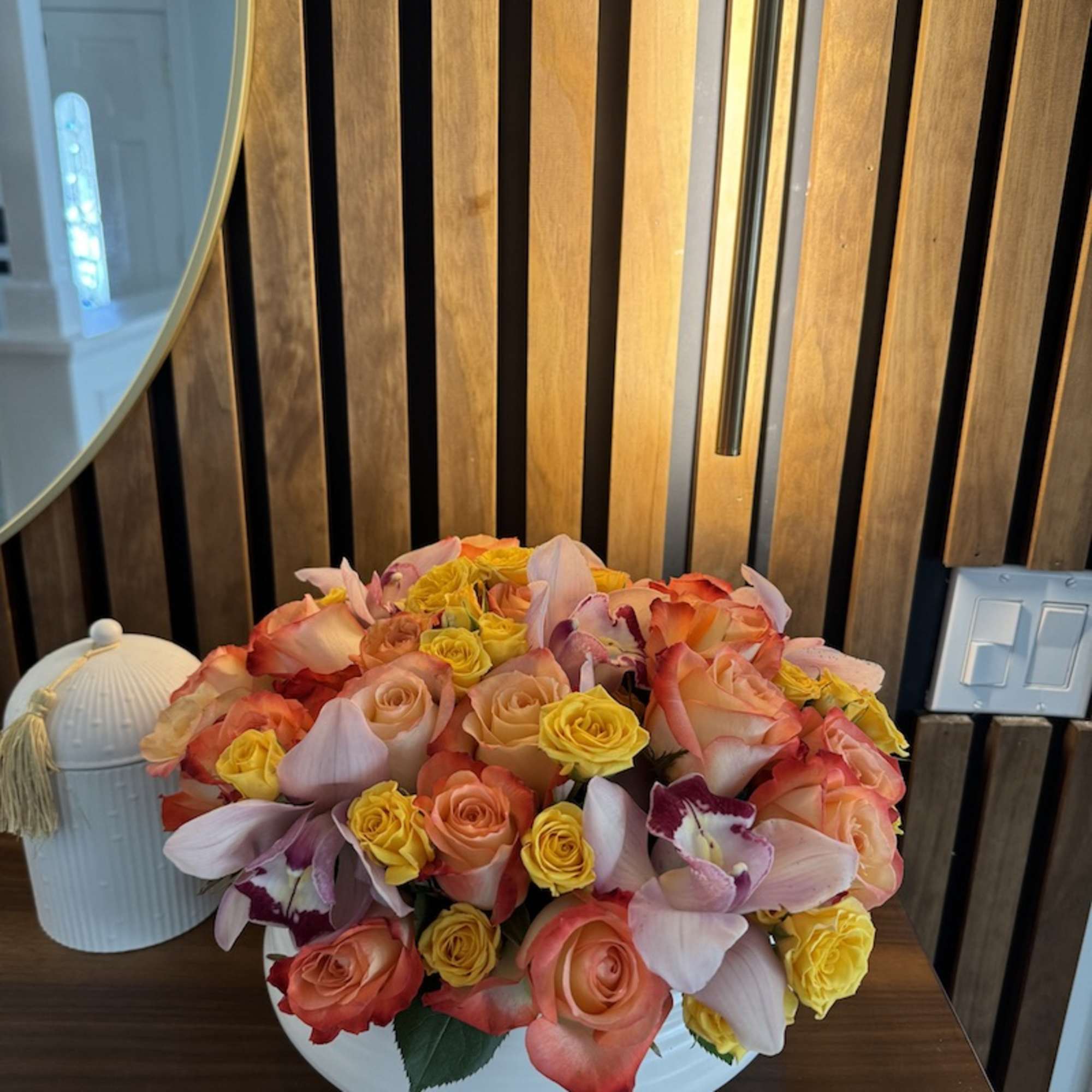  Colorful  orange roses and cymbidium orchids. Perfect gift for Mother