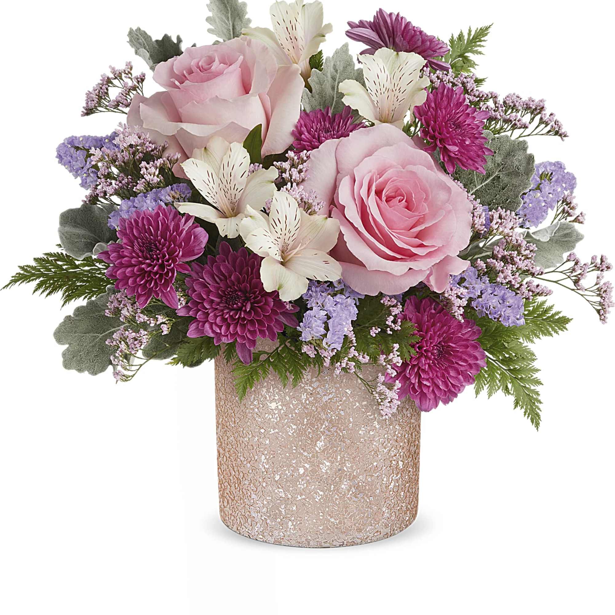 Elevate mom&#039;s day with Teleflora&#039;s Blooming Brilliant cylinder, boasting a crushed glass