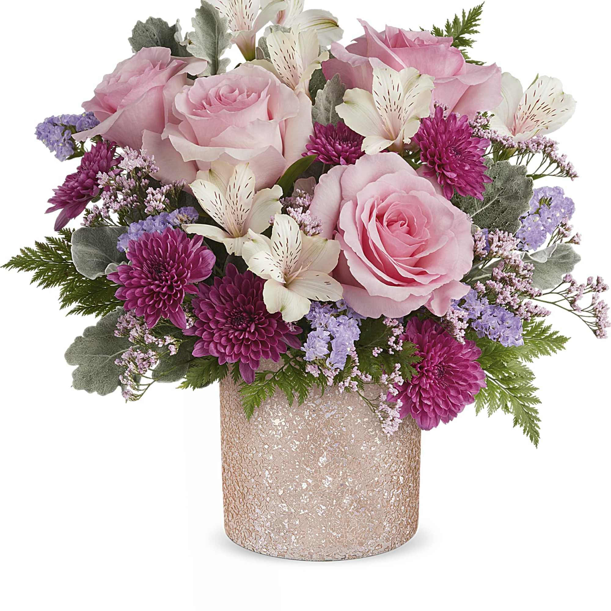 Elevate mom&#039;s day with Teleflora&#039;s Blooming Brilliant cylinder, boasting a crushed glass