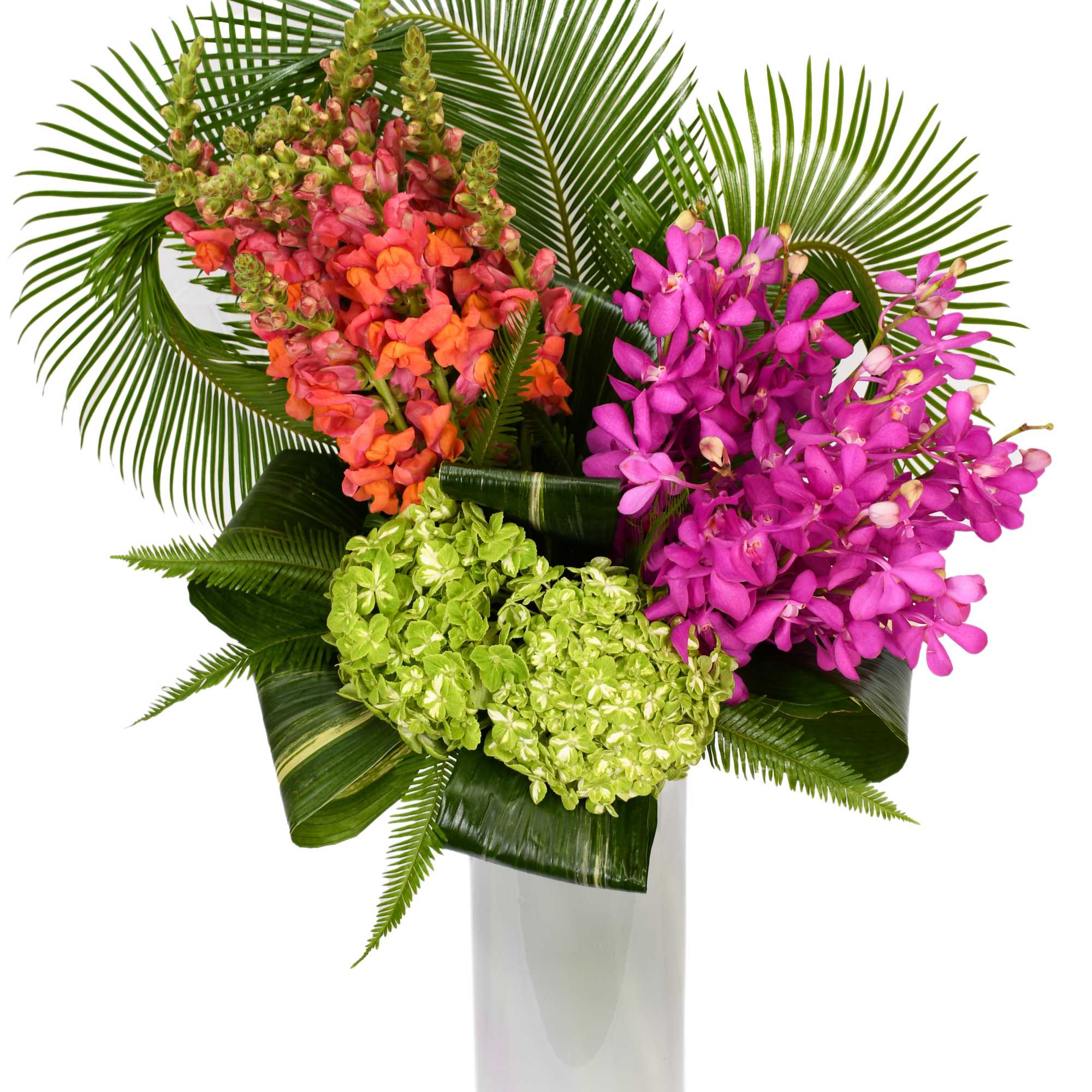 Hydrangeas, MOKARA, SNAPDRAGON, SAGO PALM

WHITE GLASS VASE &quot;5*12&quot;