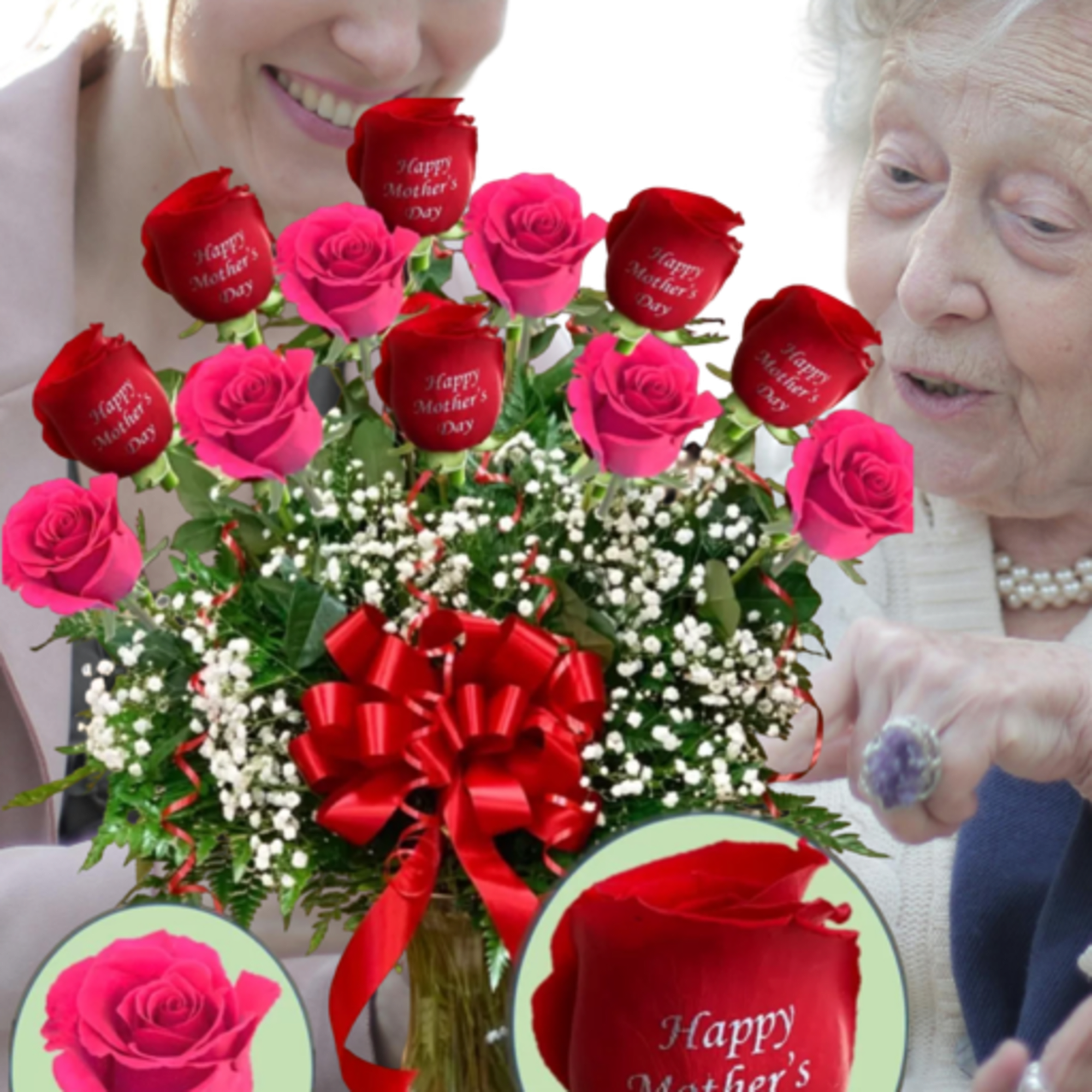 12 Roses Arranged in a Vase with greens, filler, and bow.
(6 Red