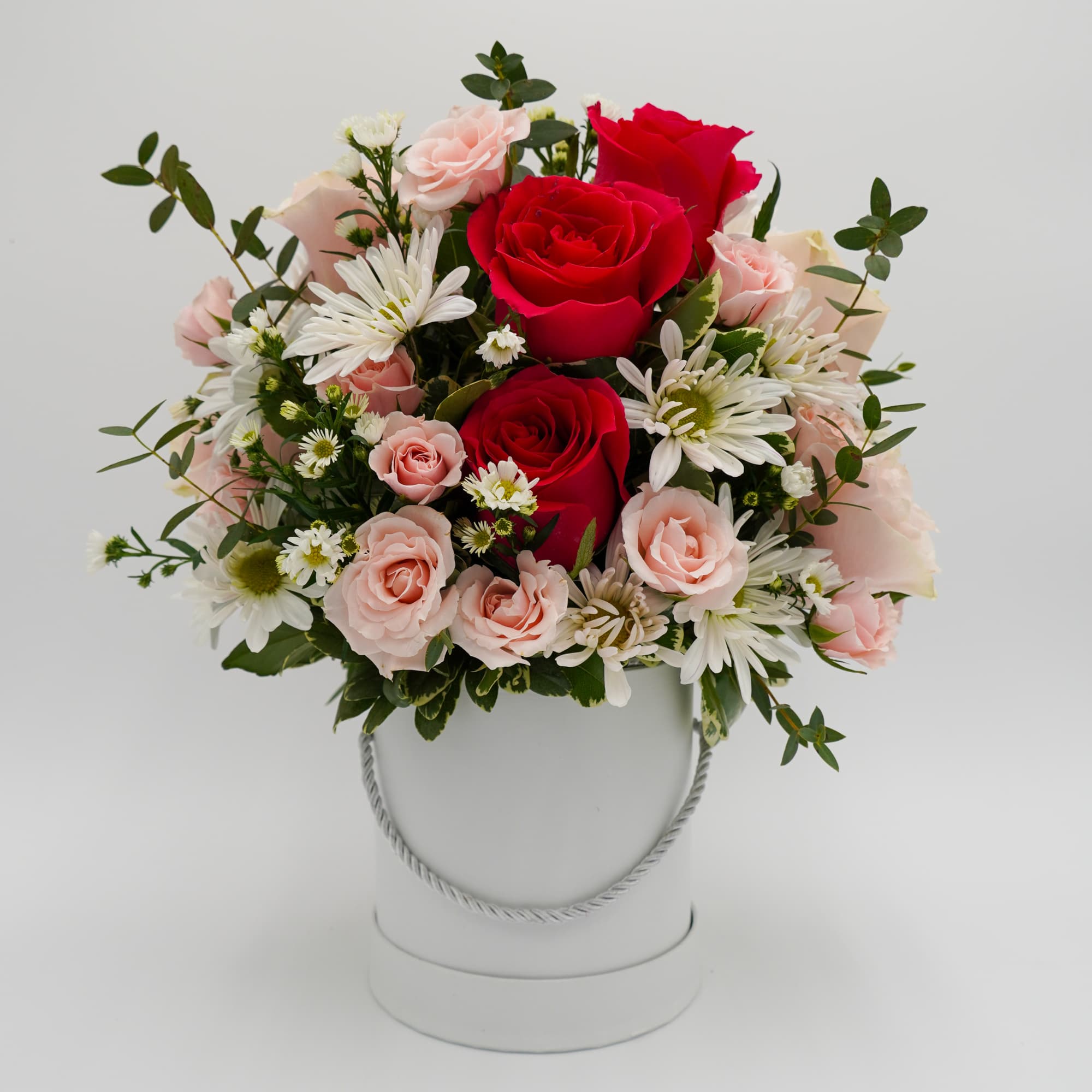 Hot Pink Roses, Light Pink Roses, Spray Roses, Pom Daisies, Aster, and Hot Pink Roses, Light Pink Roses, Spray Roses, Pom Daisies, Aster, and