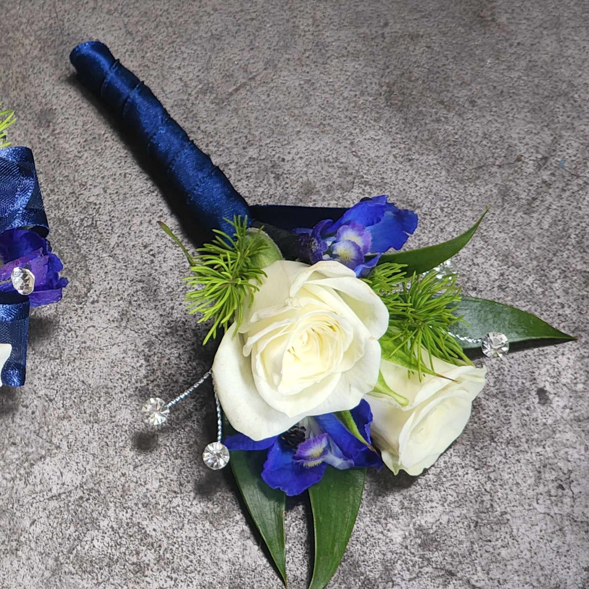 boutonniere for royal blue dress Navy Blue & Silver Prom Corsage