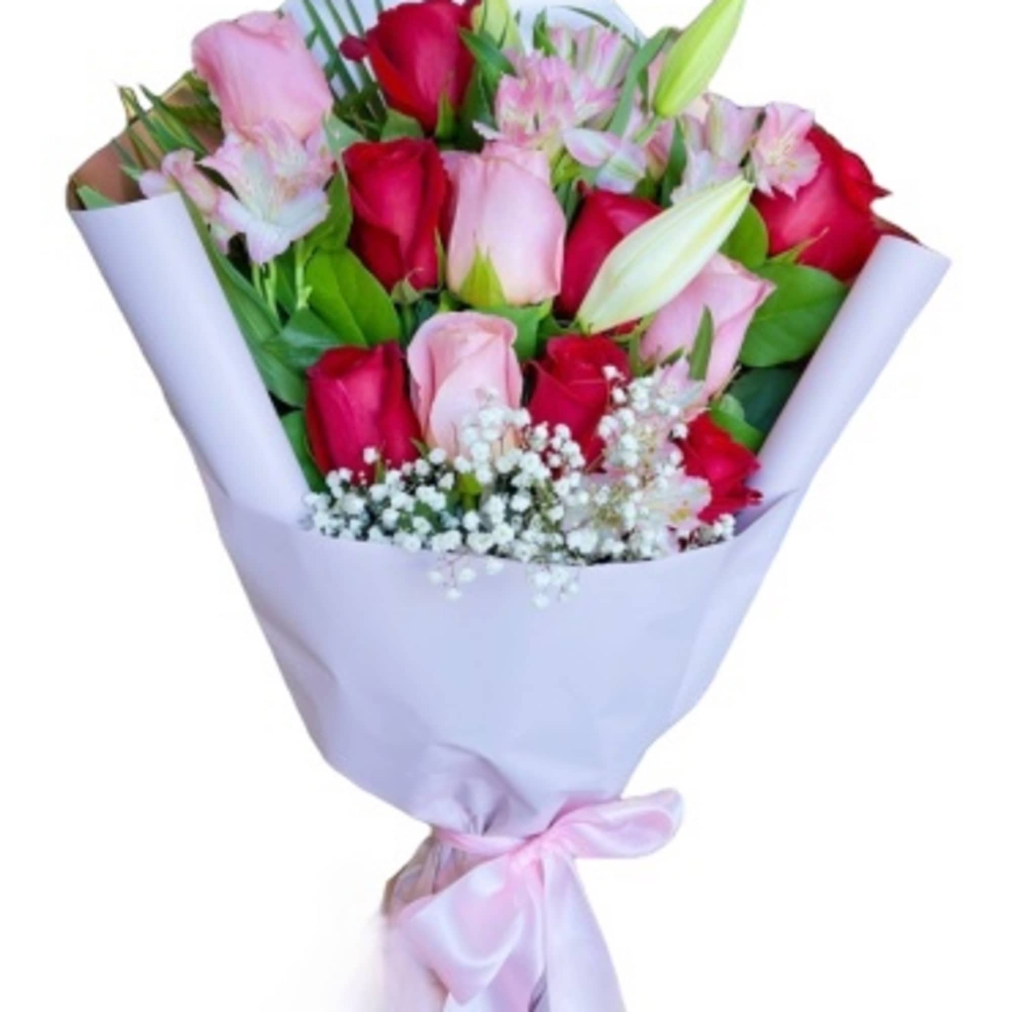 This Hand Tied Bouquet is composed of:

Flower Stems: 12 premium roses: red