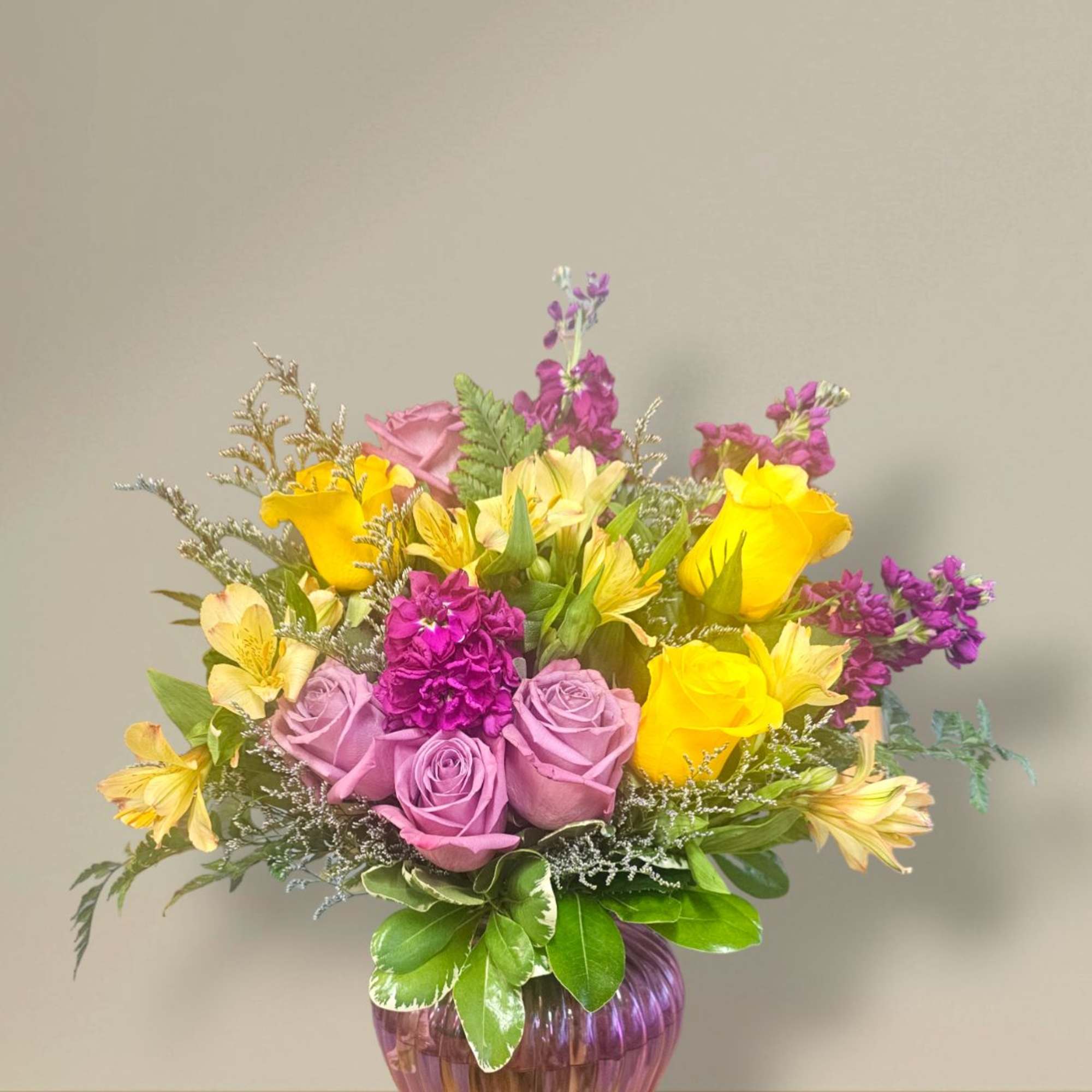 Lavender and yellow Roses, stock, and Alstroemeria Lavender and yellow Roses, stock, and Alstroemeria