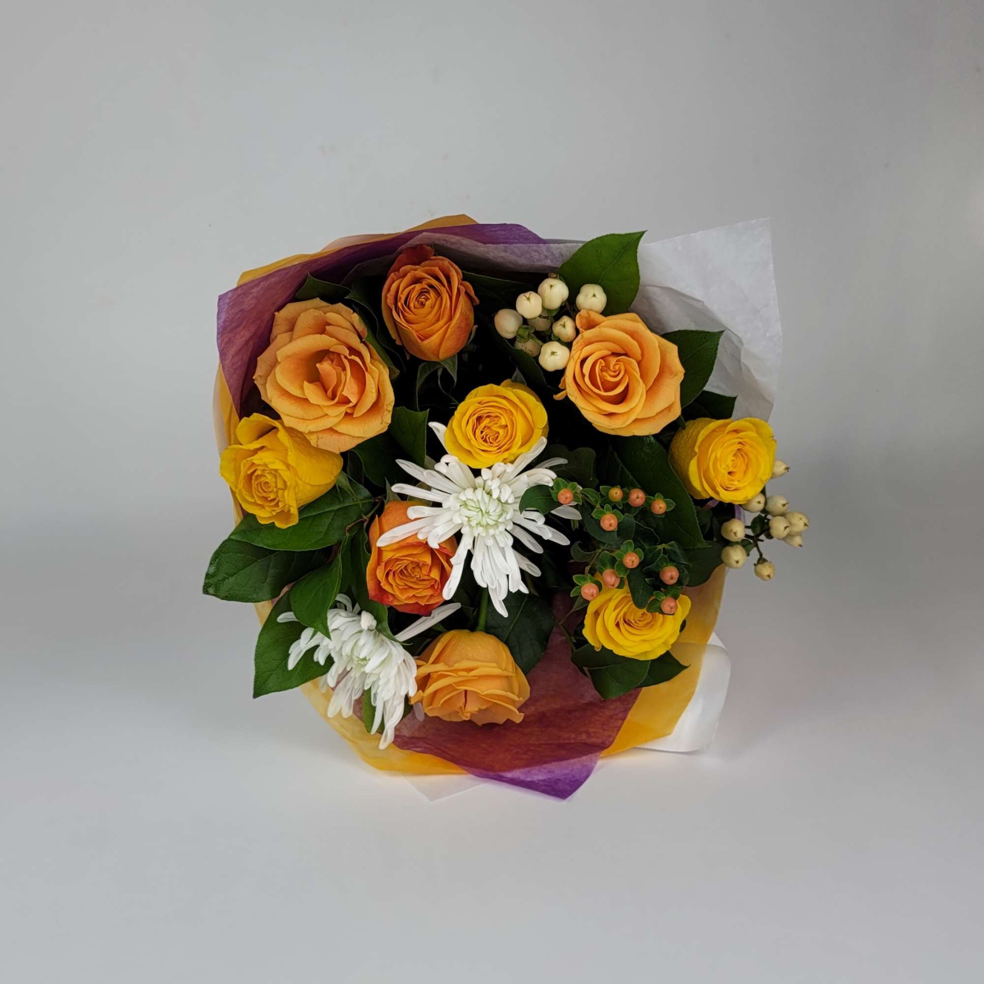 A hand tie bouquet with roses, greenery and fillers 
(you can ask A hand tie bouquet with roses, greenery and fillers 
(you can ask