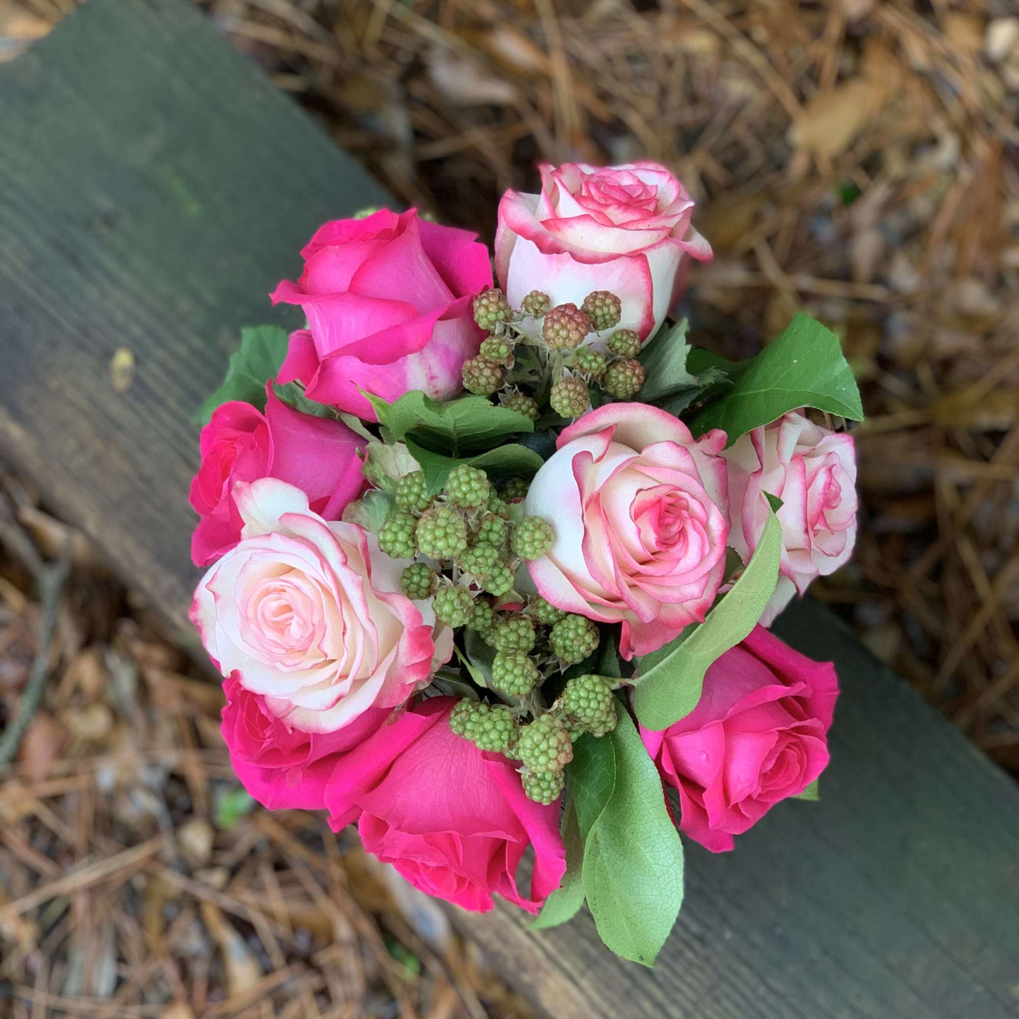 Lush arrangement of Hot Pink and Bicolor roses complimented with Navajo berries