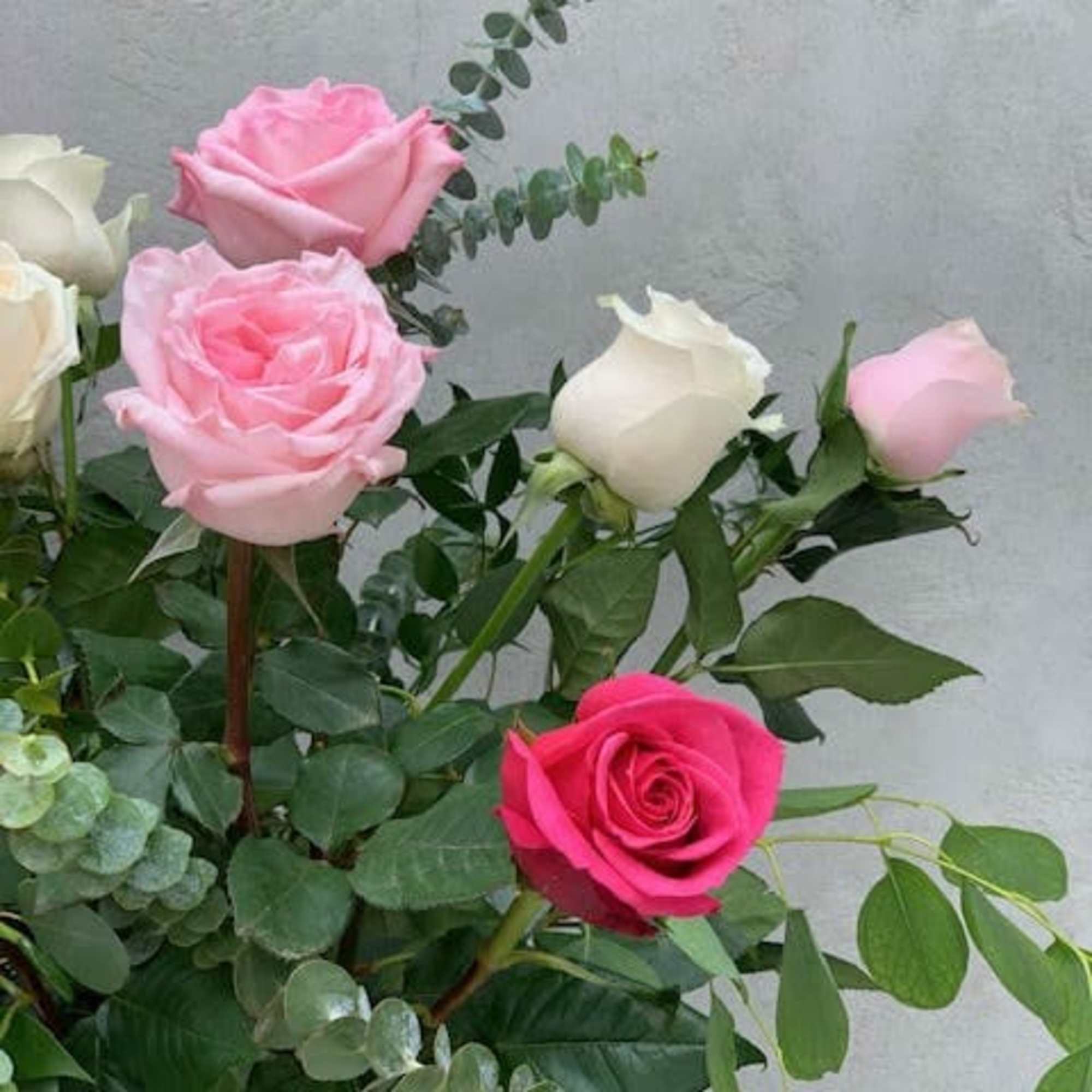 One dozen roses with lush greenery in a clear glass vase.
Red, white