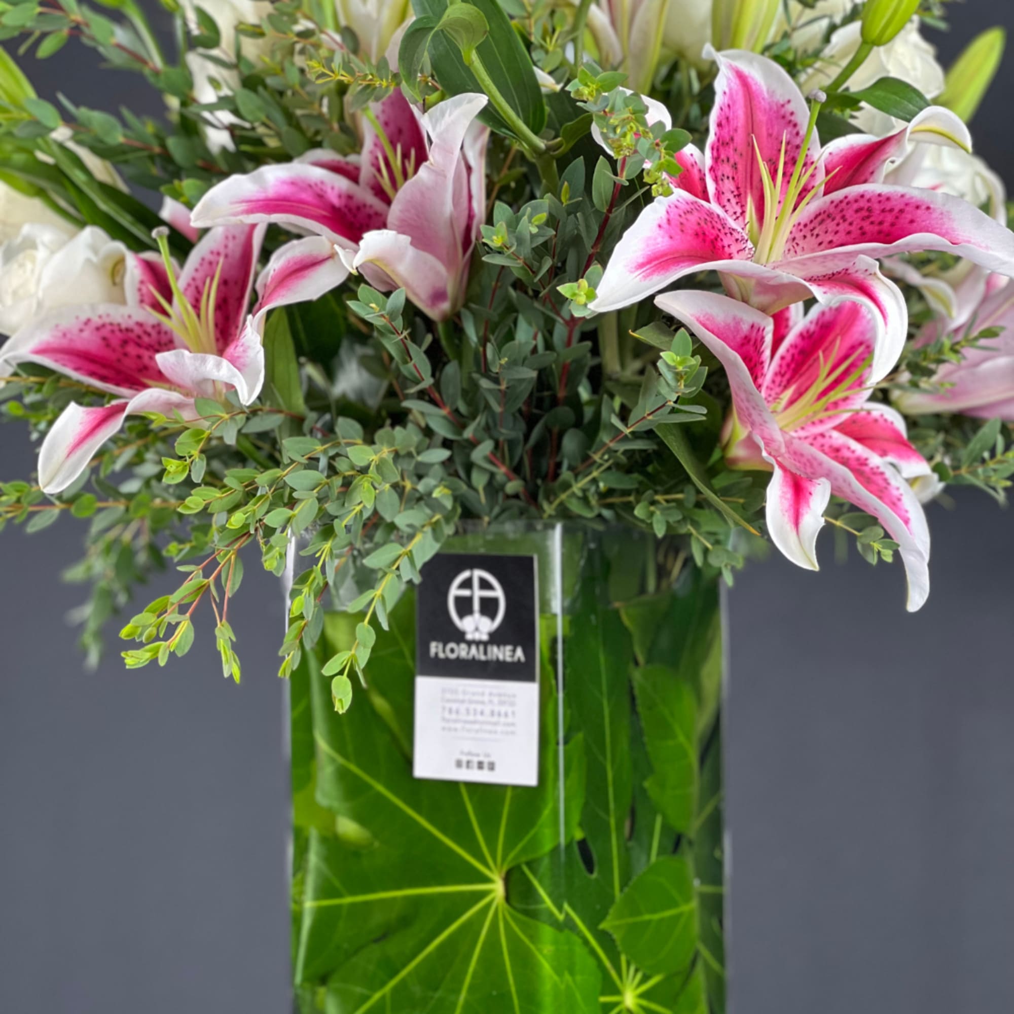 Modern yet classic presentation of White Roses &amp; Stargazer Oriental Lily flowers