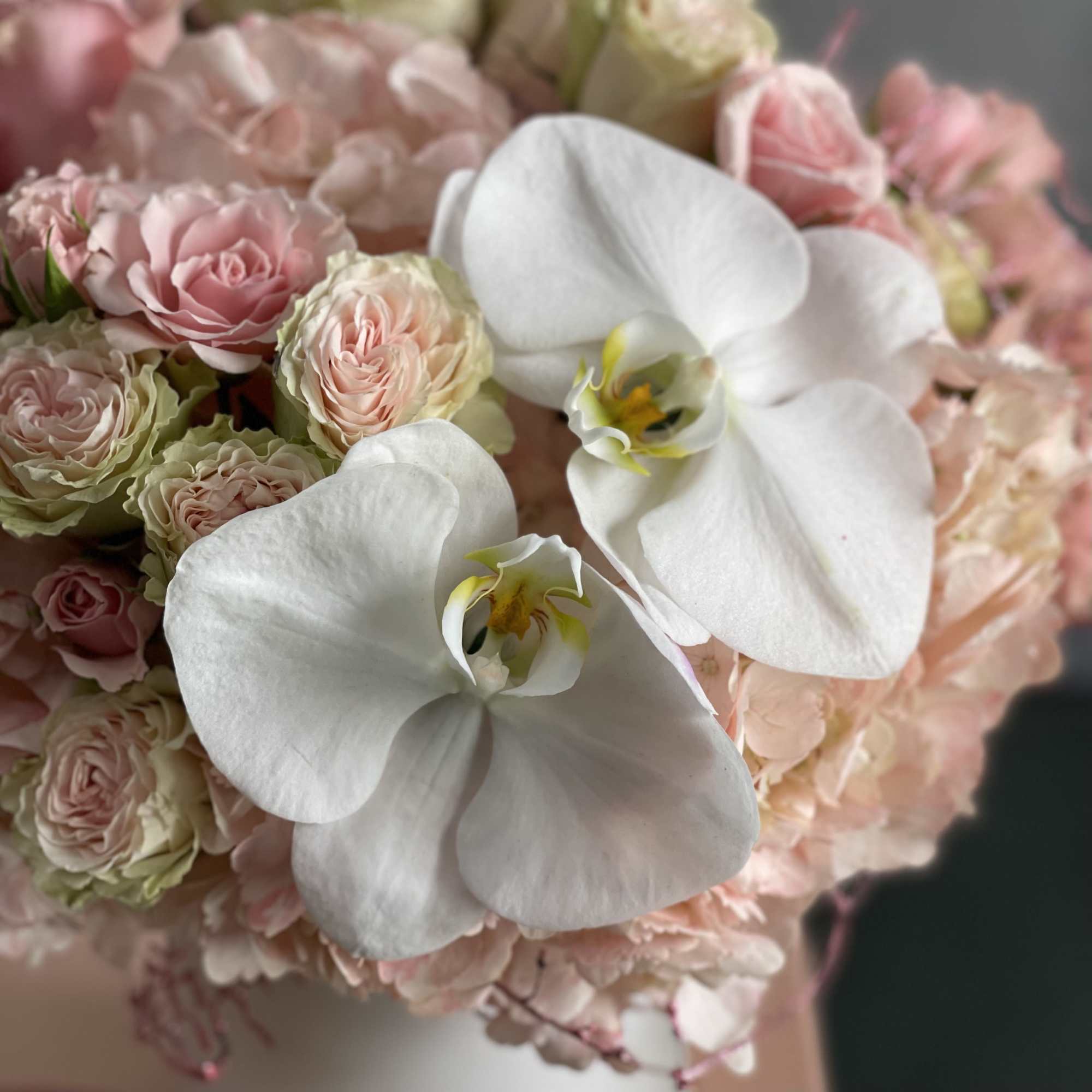 A soft and chic arrangement made of Pink Hydrangeas, Roses and Spray