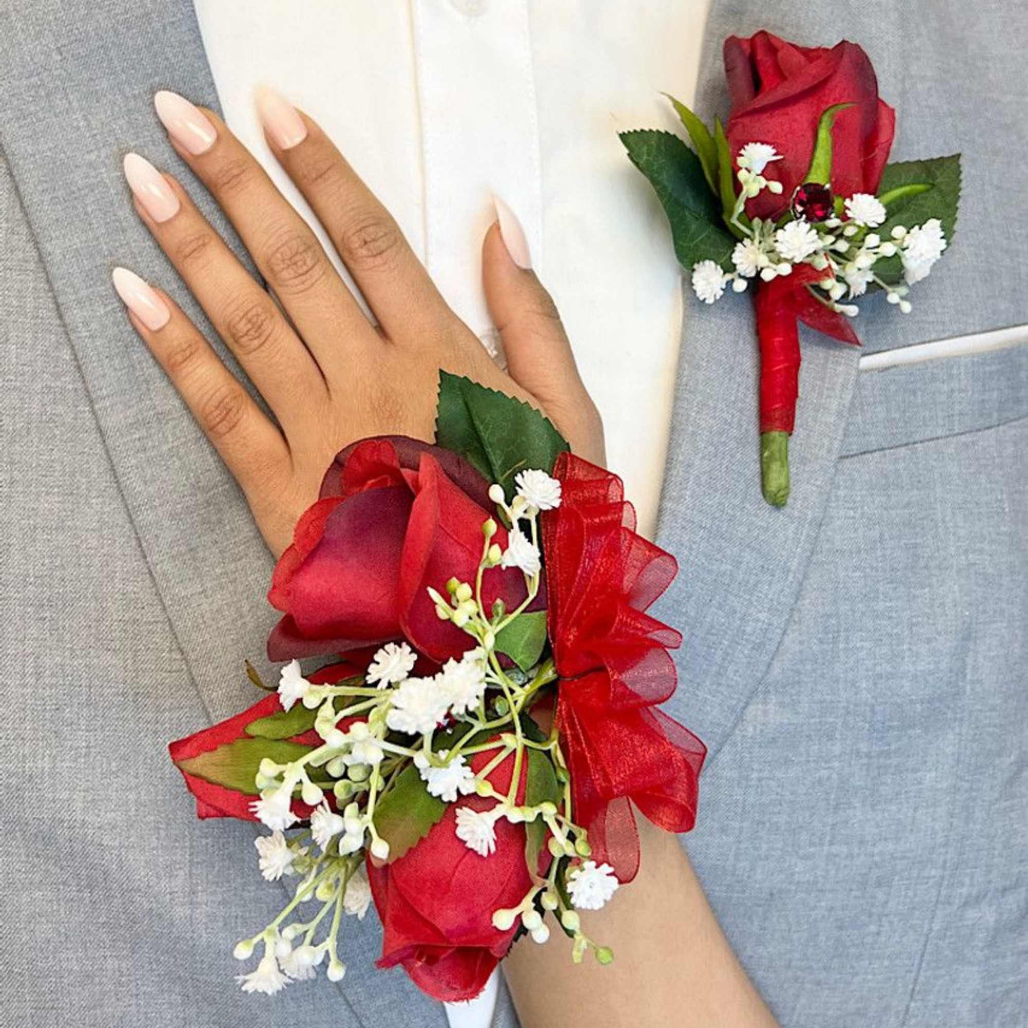 Classic White Posy with Red Corsage Classic White Posy with Red Corsage