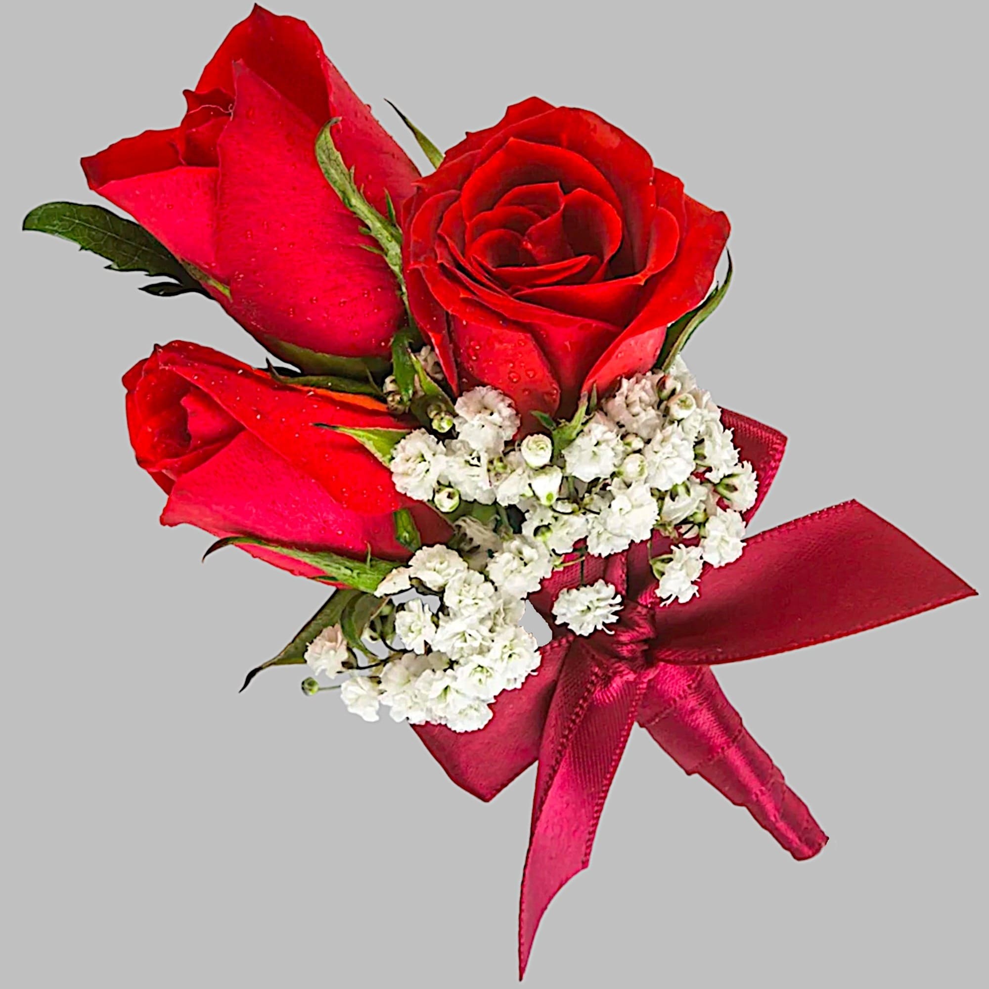 A classic red rose boutonni&egrave;re/Pin-On-Corsage that compliments any suit or dress. Perfect