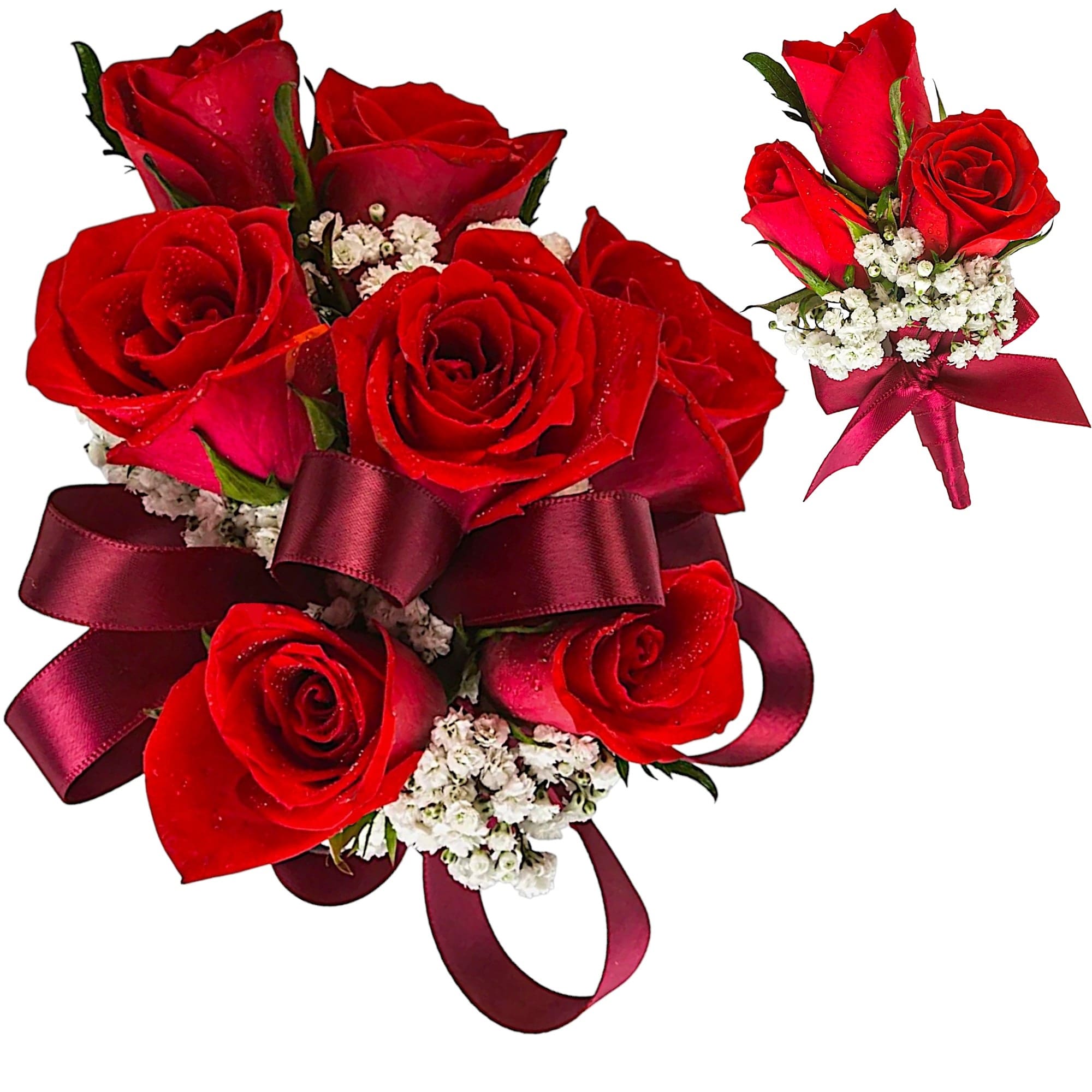A classic red rose and baby&#039;s breath corsage compliments any outfit. Perfect