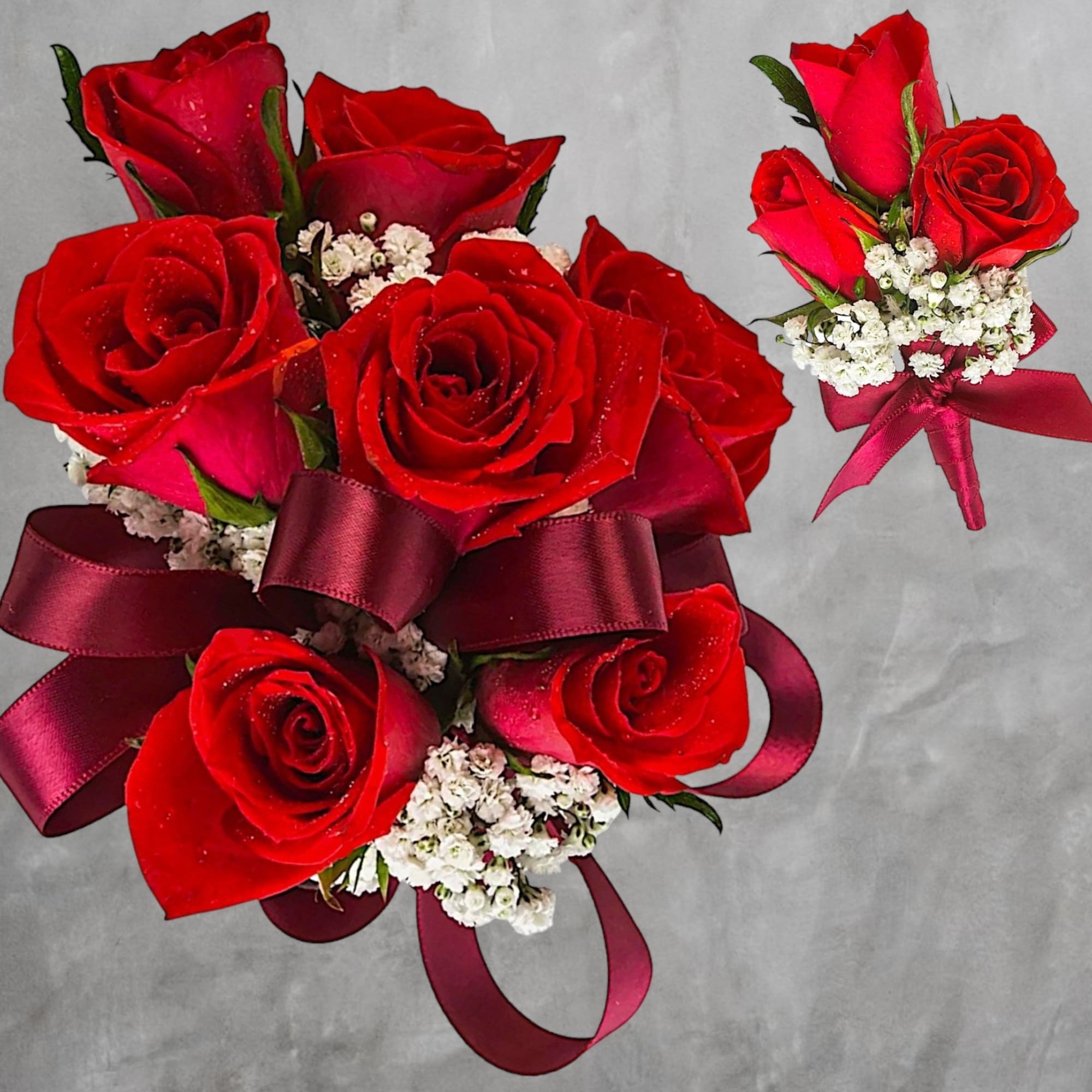 A classic red rose and baby&#039;s breath corsage compliments any outfit. Perfect