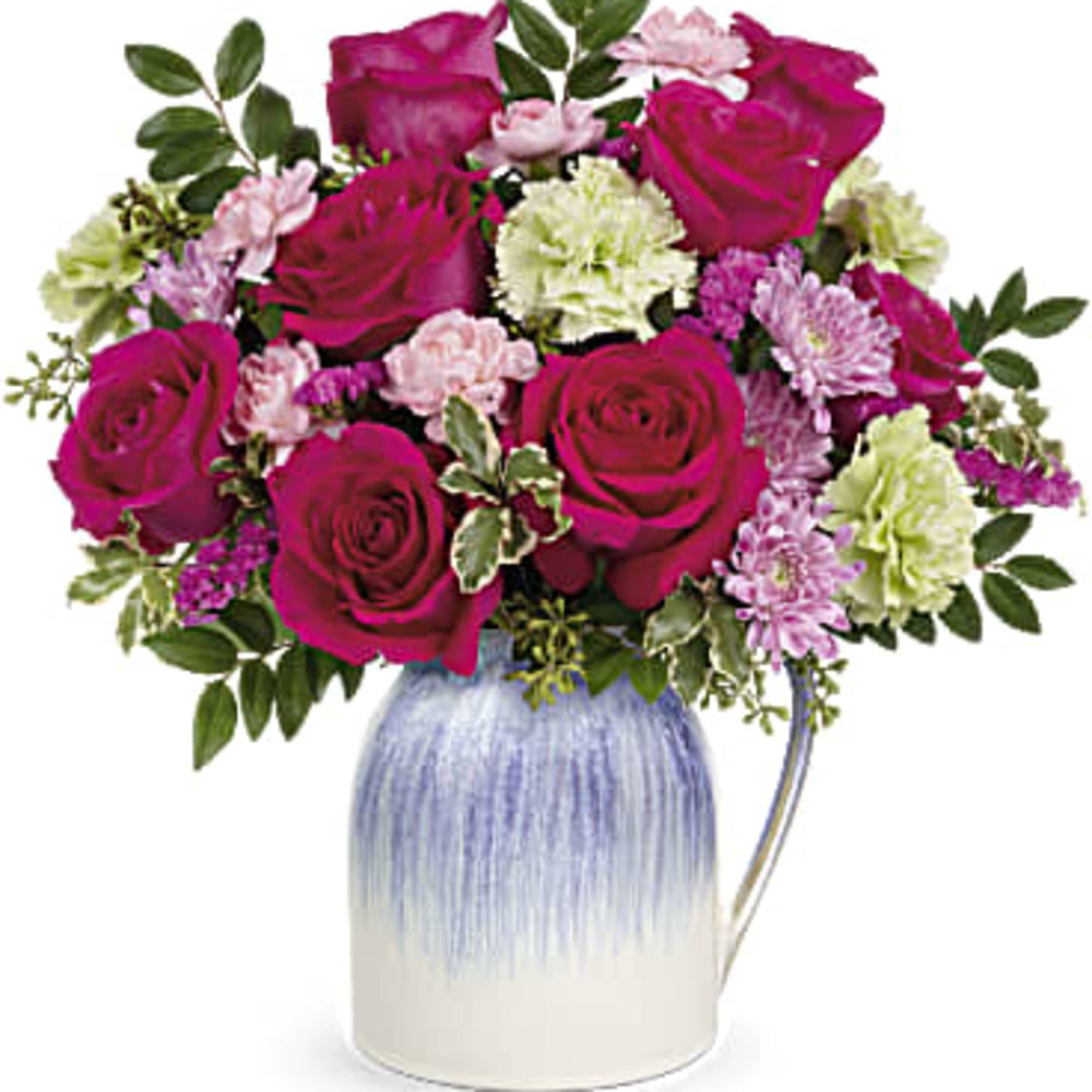 This charming bouquet features hot pink roses, green carnations, miniature pink carnations