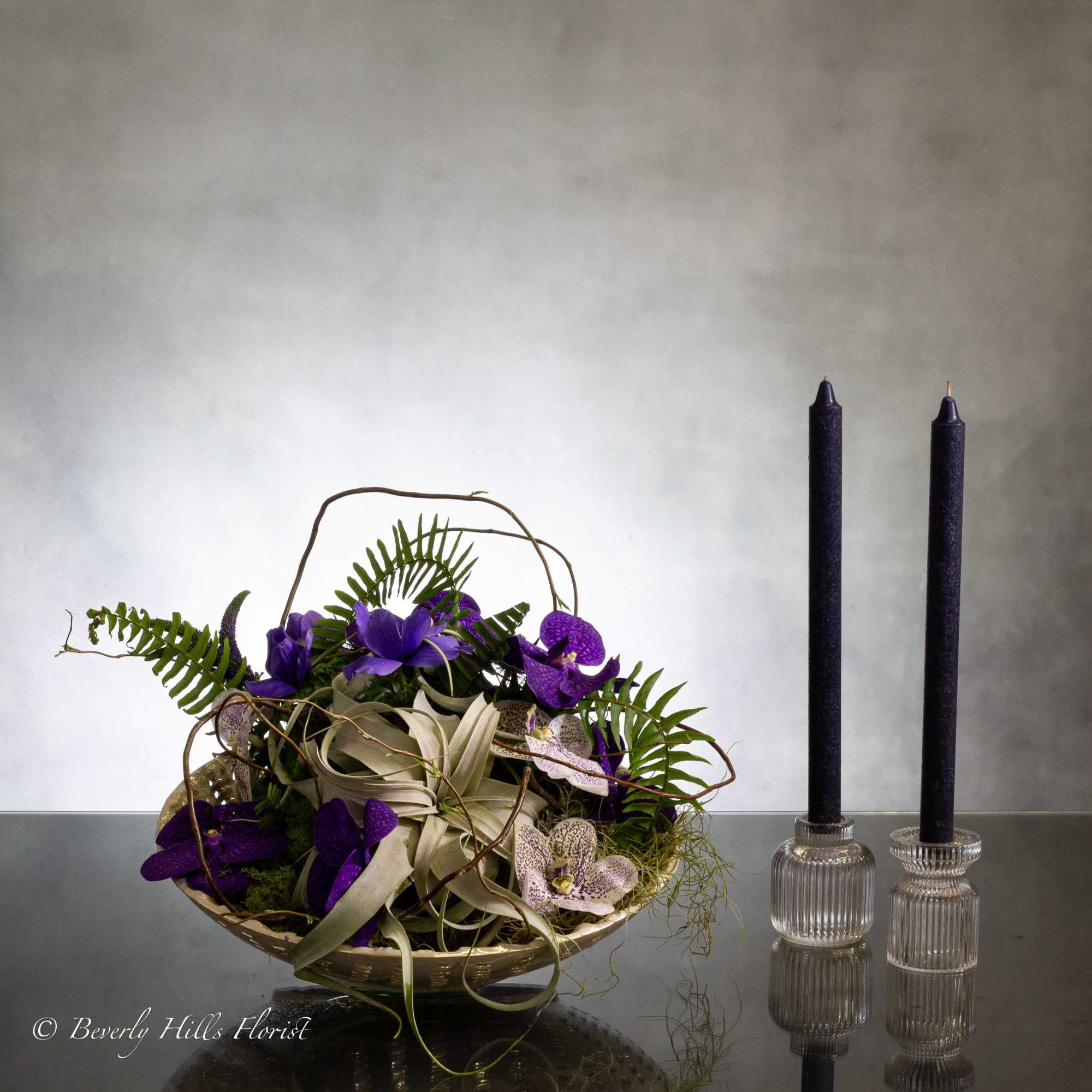 This contemporary display featuring unique air plant coupled with vibrant purple vanda