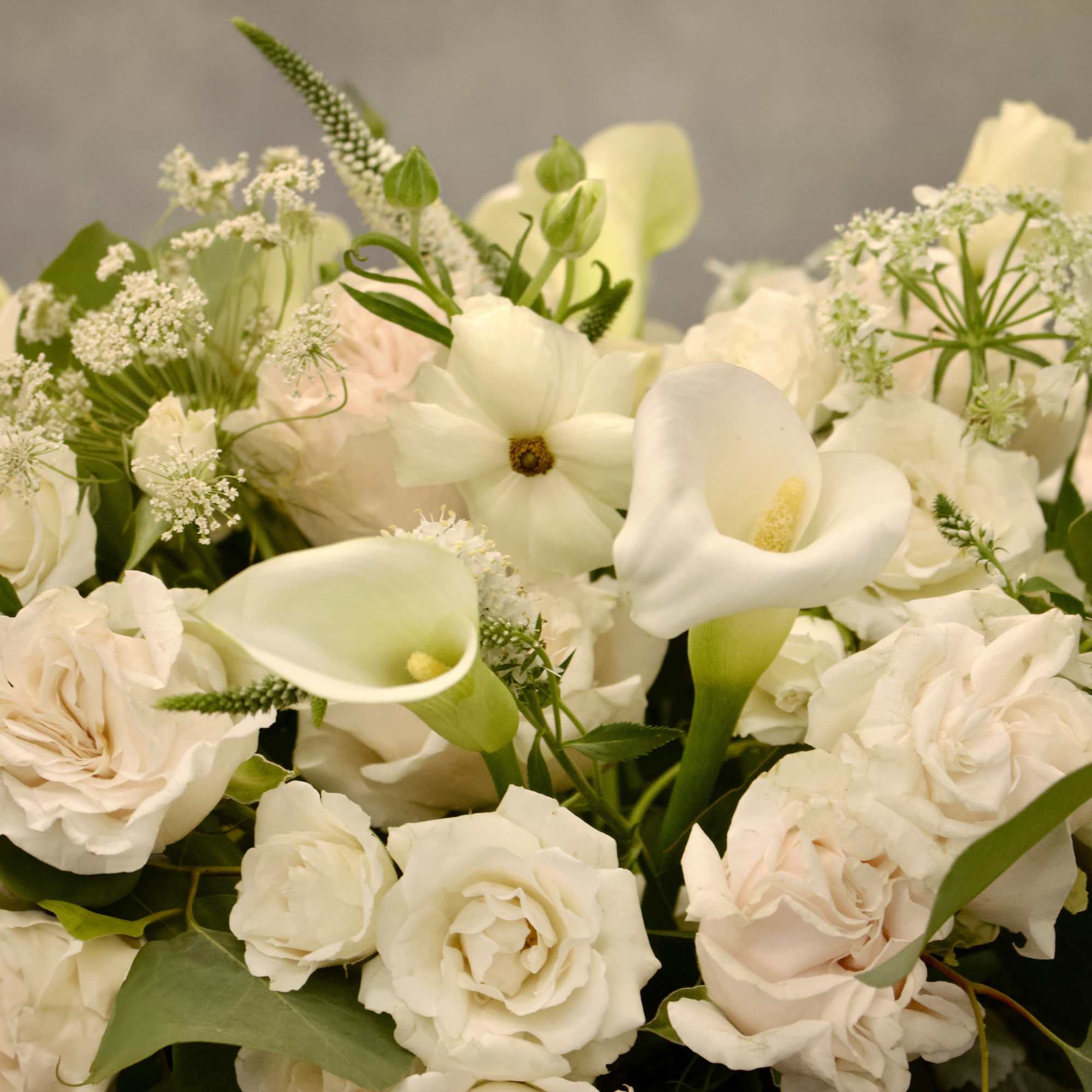 Pedestal glass vase with cream roses, calla lillies, and other complimentary floral.
Contemplate