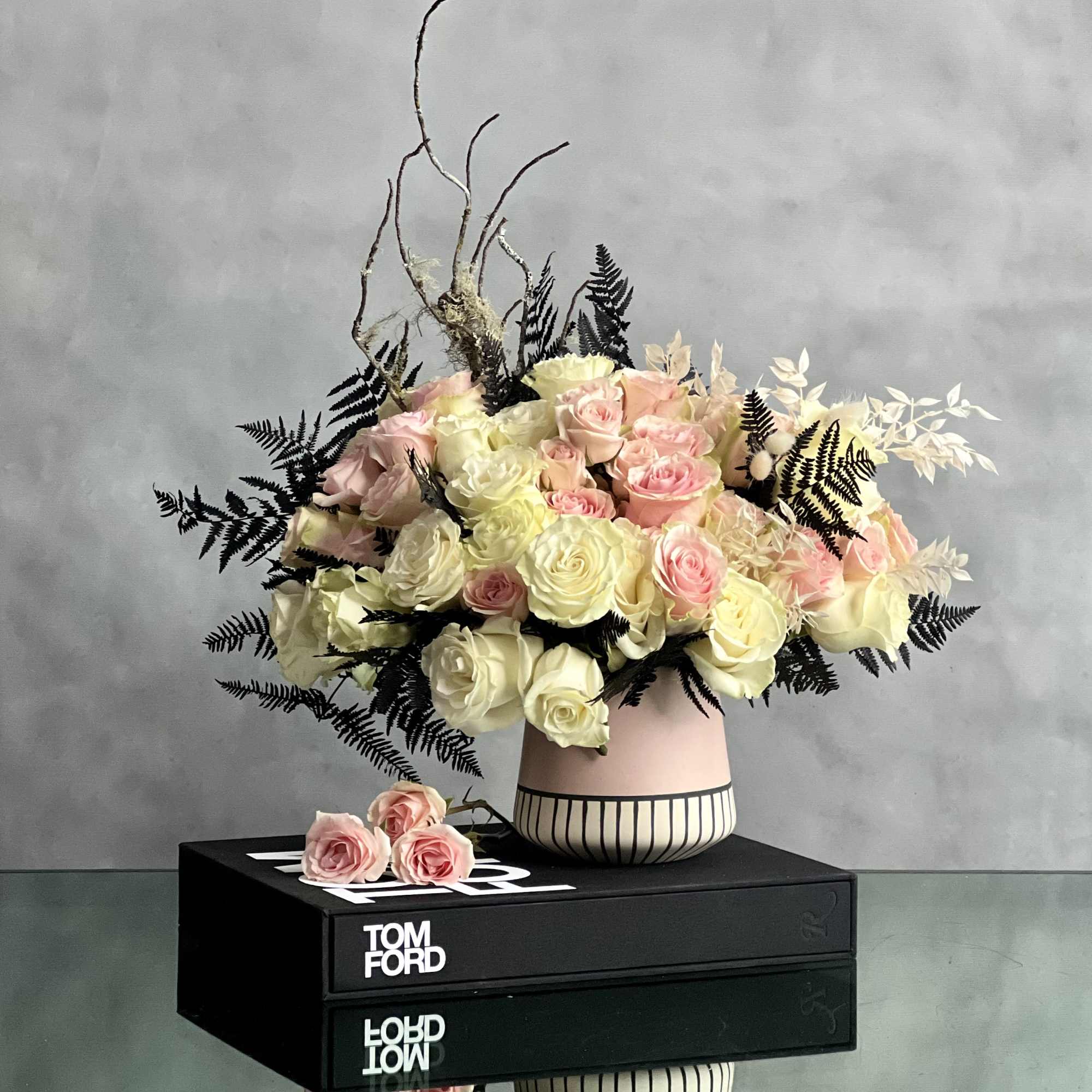 A unique fall floral mix expressed elegantly with neutral tones and splashes
