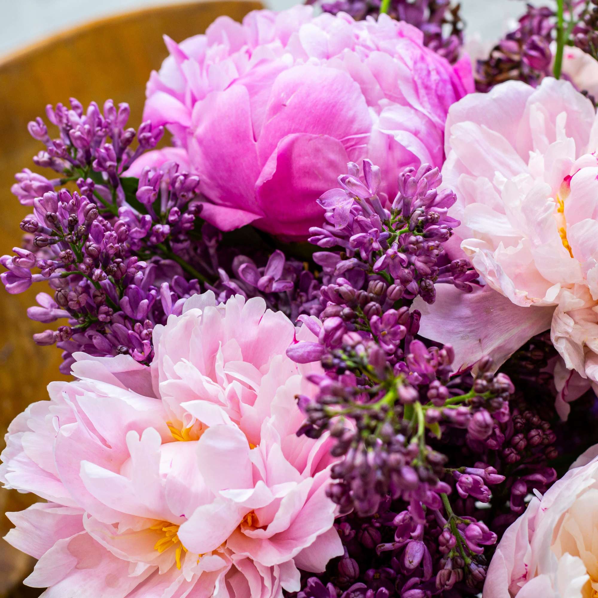 The beautiful arrangement features blush color peonies and purple lilacs gathered together