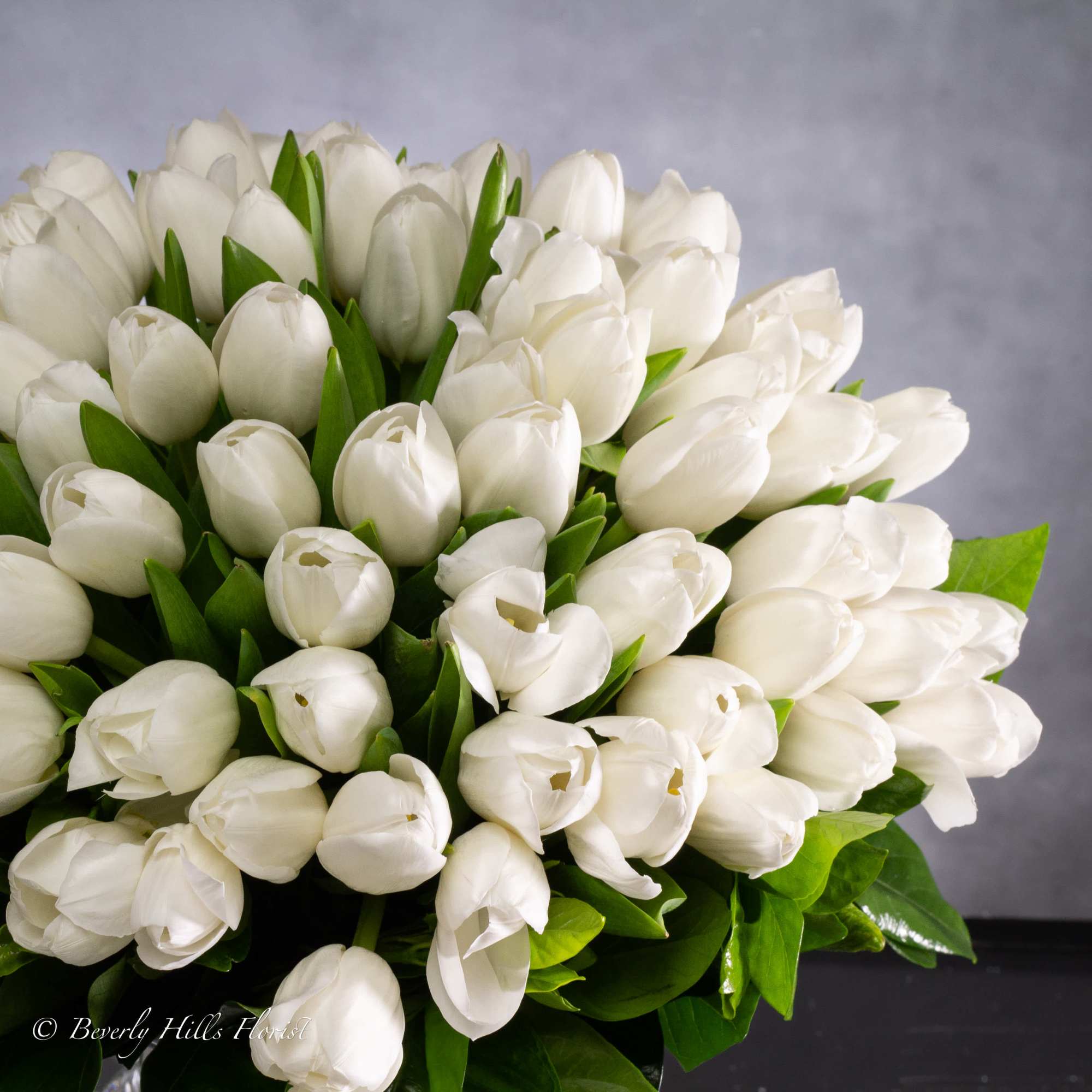 White tulips symbolize purity, innocence, and new beginnings. When arranged in a